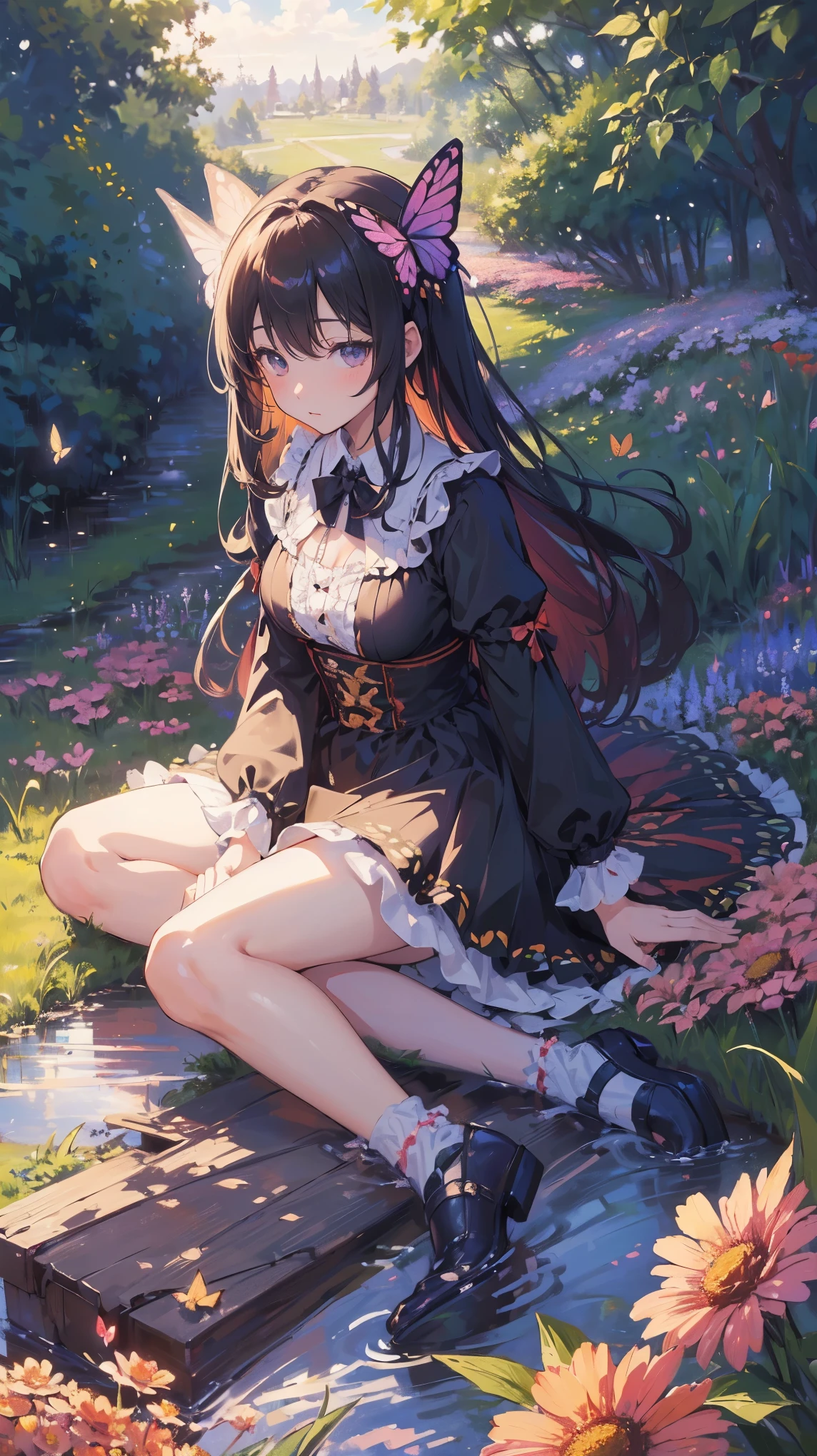 (masterpiece: 1.2), (Very detailed: 1.2), (Very detailed CG: 1.2), (high quality: 1.2), (最high quality), 8k, Anime illustration, Girl sitting in a flower field,A butterfly with a slightly sad expression々View、((A butterfly is resting on my finger々))、Butterflies fluttering々dance、Beautiful work
