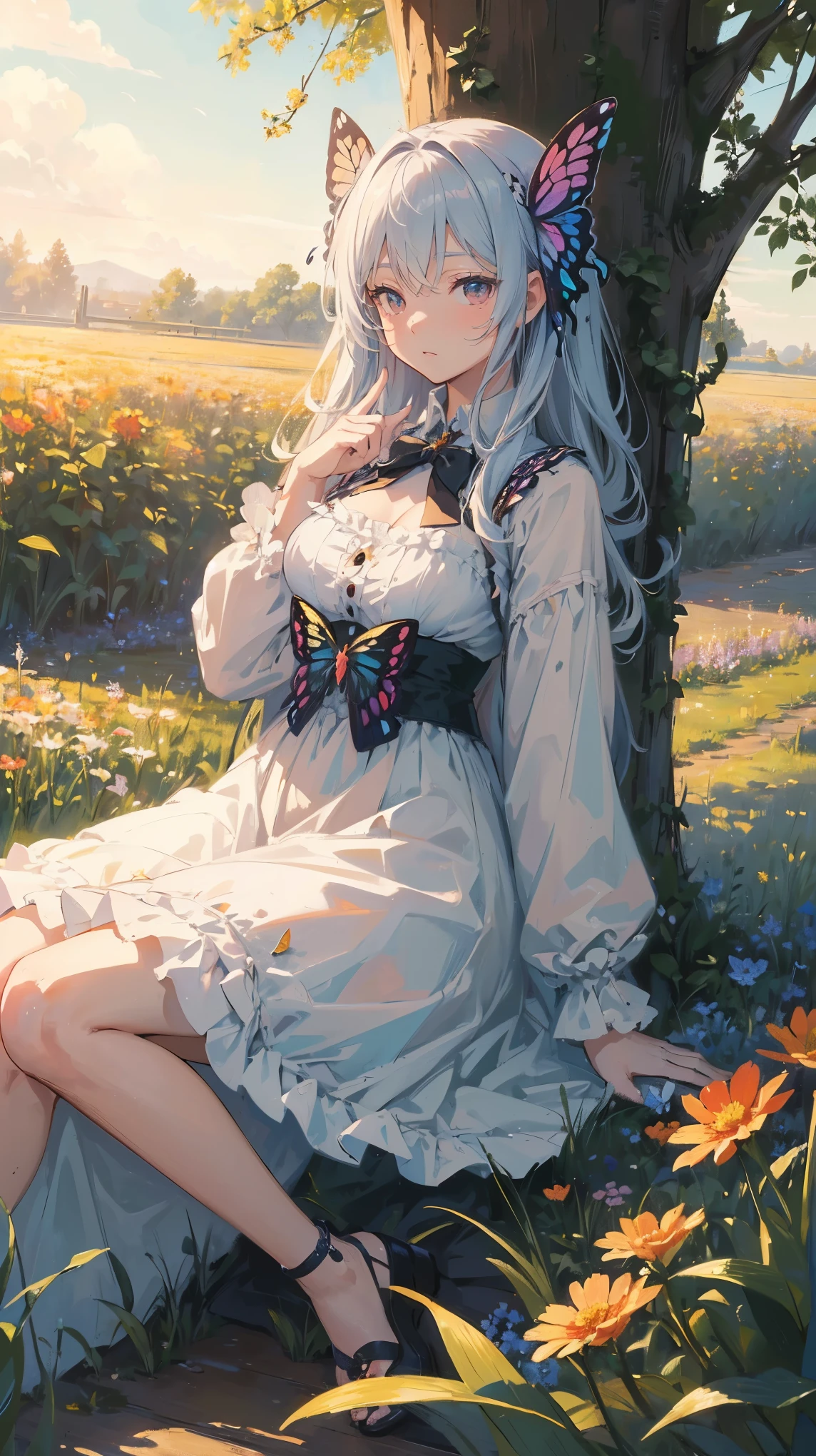 (masterpiece: 1.2), (Very detailed: 1.2), (Very detailed CG: 1.2), (high quality: 1.2), (最high quality), 8k, Anime illustration, Girl sitting in a flower field,A butterfly with a slightly sad expression々View、((A butterfly is resting on my finger々))、Butterflies fluttering々dance、Beautiful work