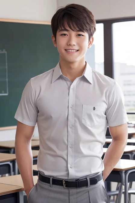 Best Quality,masterpiece,School classroom,Japanese teenage boys,whole body,Short sleeve white shirt,The chest is wide open,sexy,smile,Charcoal grey slacks,accurate,Realism