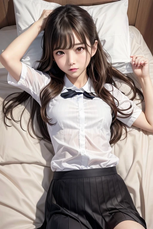 uniform、((()))、No makeup、High resolution、Professional photography、High resolution、Small breasts、、slim、Please lie on your back on the bed...、((Please spread your legs and show me your underwear))、Fearful expression、Tears in my eyes、((The skirt is flipped up))、Cute inward curl hairstyle