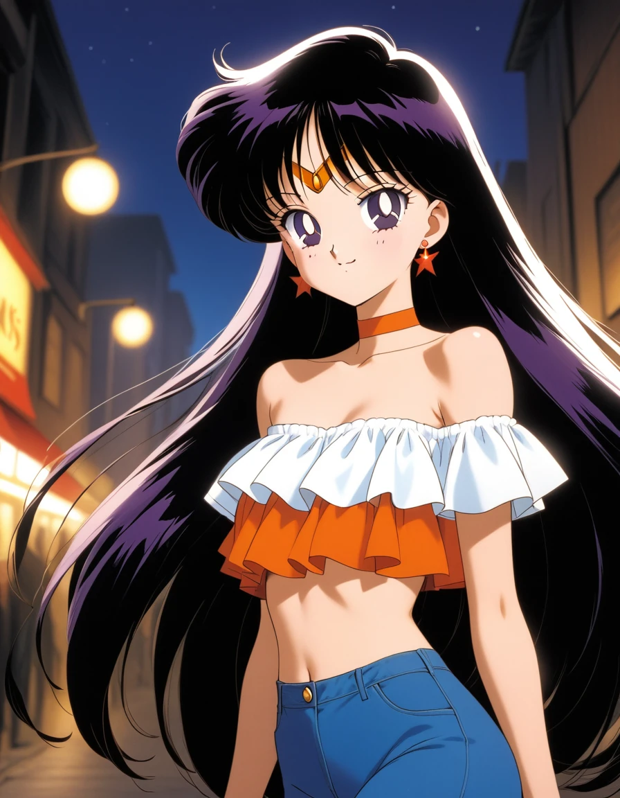 aamars, very long hair, black hair, parted bangs, purple eyes, 1990s \(style\), 1 girl, solo, Best quality, masterpiece, High Definition, strapless, a orange ruffle off the shoulder top, Midriff, Smile, Night, blue leggings