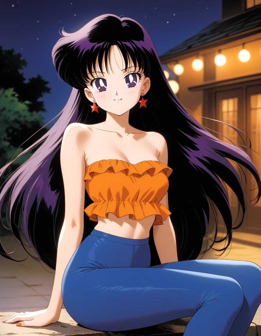 aamars, very long hair, black hair, parted bangs, purple eyes, 1990s \(style\), 1 girl, solo, Best quality, masterpiece, High Definition, strapless, a orange ruffle off the shoulder top, Midriff, Smile, Night, blue leggings