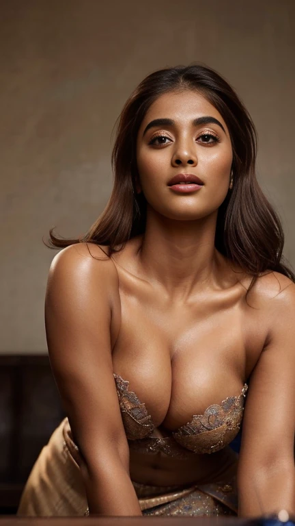 close-up portrait, (portrait photo), ((best quality)), masterpiece, 8k wallpaper, nikon, cinematic lighting, medium hair, ((blue iris)), (photorealistic:1.4), (pooja hegde), (as maid), hourglass figure, swooping breasts, (deep cleavage), (doing push ups),