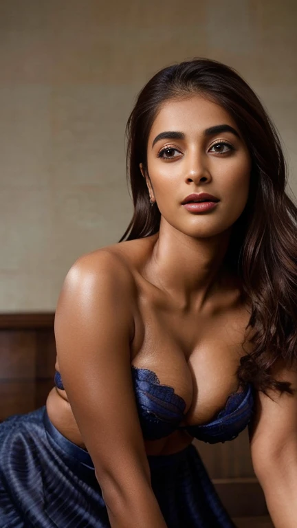 Top down view,extreme close up photo of semi naked Pooja hegde in bed,slim, bikini, bedroom, (cinematic:1.3), intricate details, (ArtStation:1.2), cold room, lean eyebrow