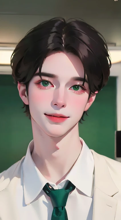 (Highest quality,4K,8K,High resolution,masterpiece:1.2),Super detailed,(Realistic,photoRealistic,photo-Realistic:1.37),32 years, personld,Mature Men,Beautiful skin、very handsome,Expressionless smile in love,Short gray black hair,green eyes,Sharp Eyes,A perfect face without a doubt,Businessman, CEO, Office Background,Cinema Lighting,HDR image,tie、