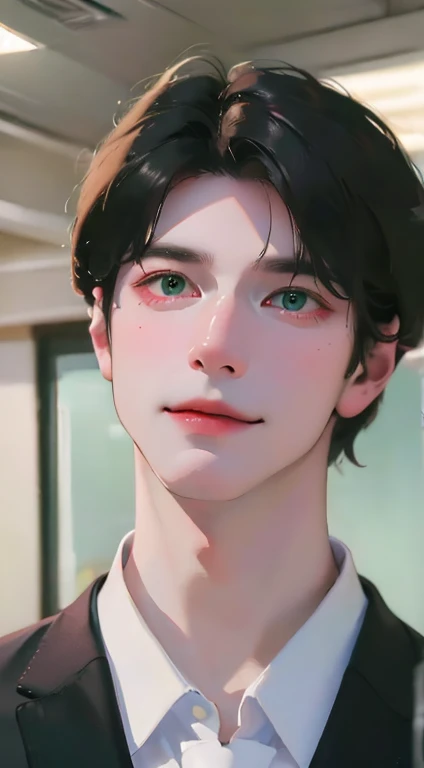 (Highest quality,4K,8K,High resolution,masterpiece:1.2),Super detailed,(Realistic,photoRealistic,photo-Realistic:1.37),32 years, personld,Mature Men,Beautiful skin、very handsome,Expressionless smile in love,Short gray black hair,green eyes,Sharp Eyes,A perfect face without a doubt,Businessman, CEO, Office Background,Cinema Lighting,HDR image,tie、