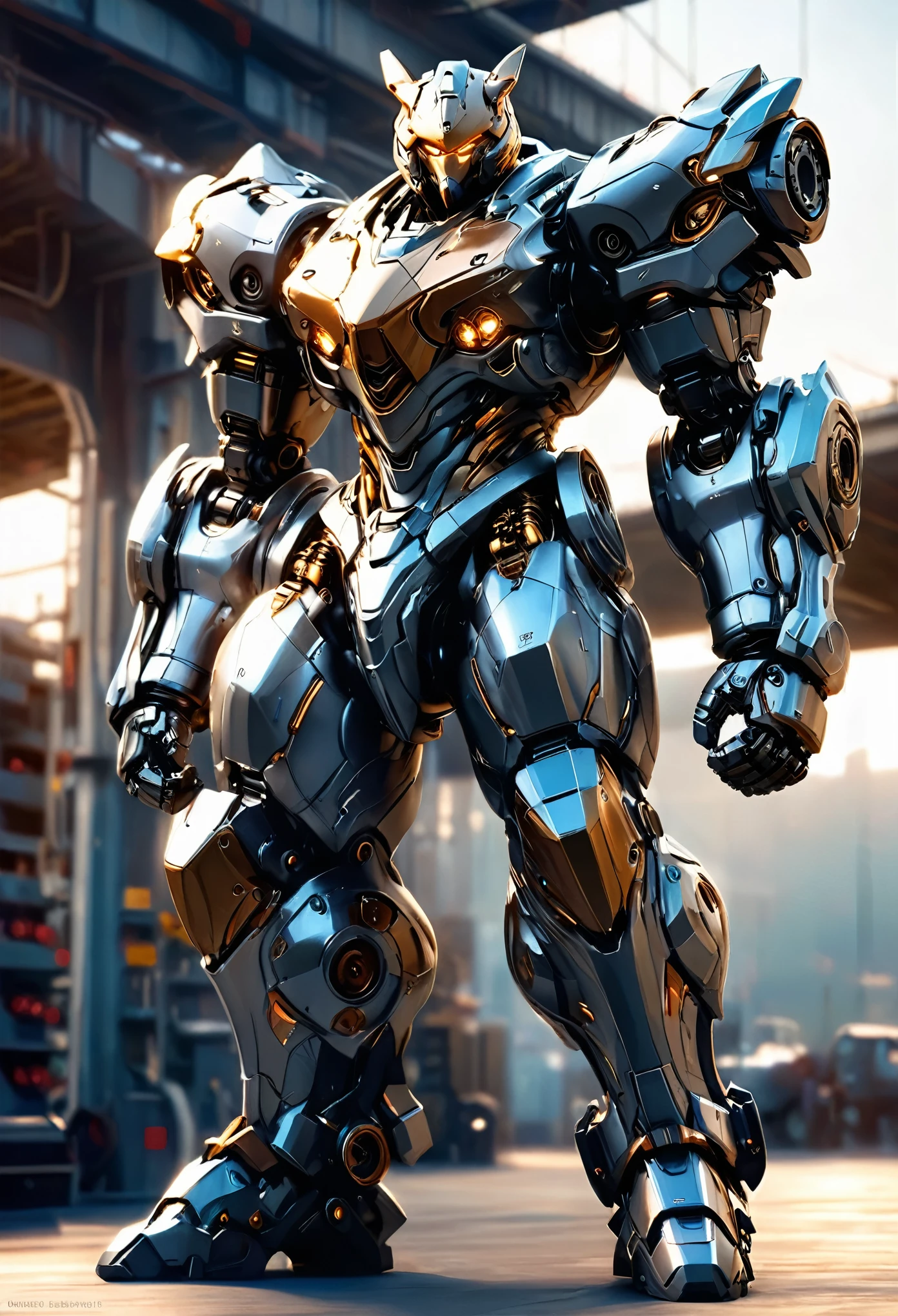 1 black mecha bear, highly detailed, hyper realistic, brown accents, cinematic lighting, photorealistic, 8k, best quality, intricate gears and machinery, powerful pose, glowing eyes, shiny metallic surfaces, dramatic shadows, depth of field, elegant design, dynamic composition, full body