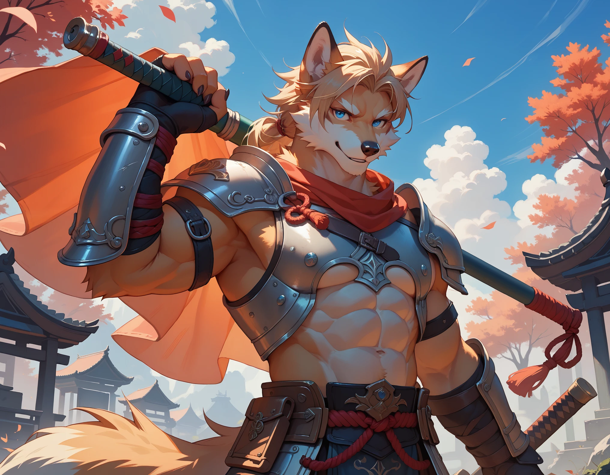 (solo), male anthro fox, beige fur, long dark beige hair, blue eyes, warrior, armor, japanese, muscular, 