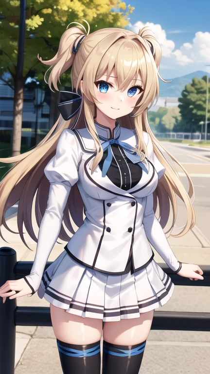 masterpiece, best quality, highres, 1girl, solo, long hair, blonde hair, two side up, (hair ribbon:1.1), blue eyes, neck ribbon, school uniform, white jacket, juliet sleeves, long sleeves, white skirt, thigh ribbon, black thighhighs, outdoors, cowboy shot, standing,