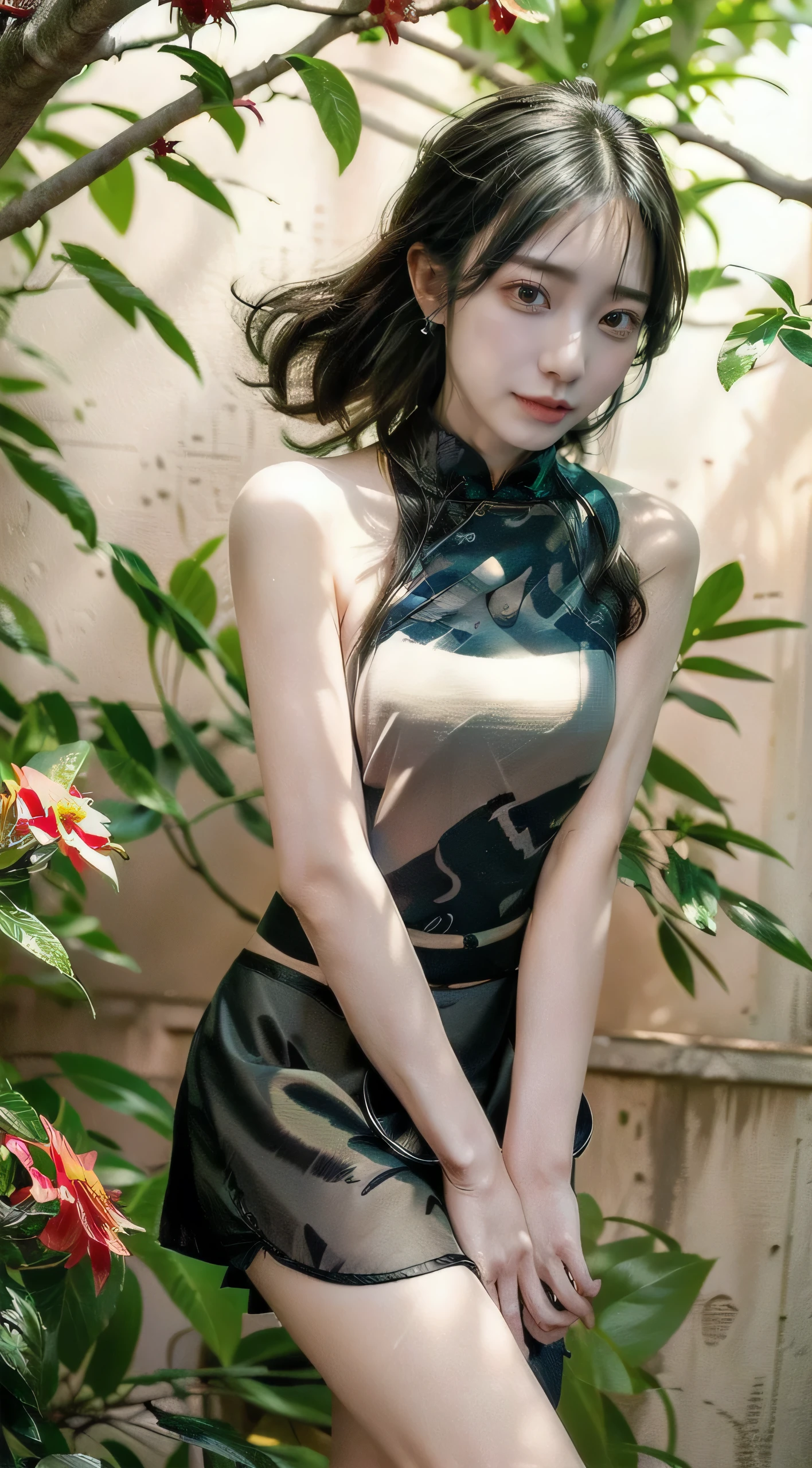 1girl, standing, blue (sleeveless long coat:1.2), long hair, side swept bangs, black lace leotard, thigh ribbon strap, (strap gap:1.2), arm warmer, arm ribbon, windswept, delicate necklace, gigantic breasts, detailed face, looking at viewer, blue muffler, flower field, floating petals, (high quality, masterpiece, realistic:1.3),