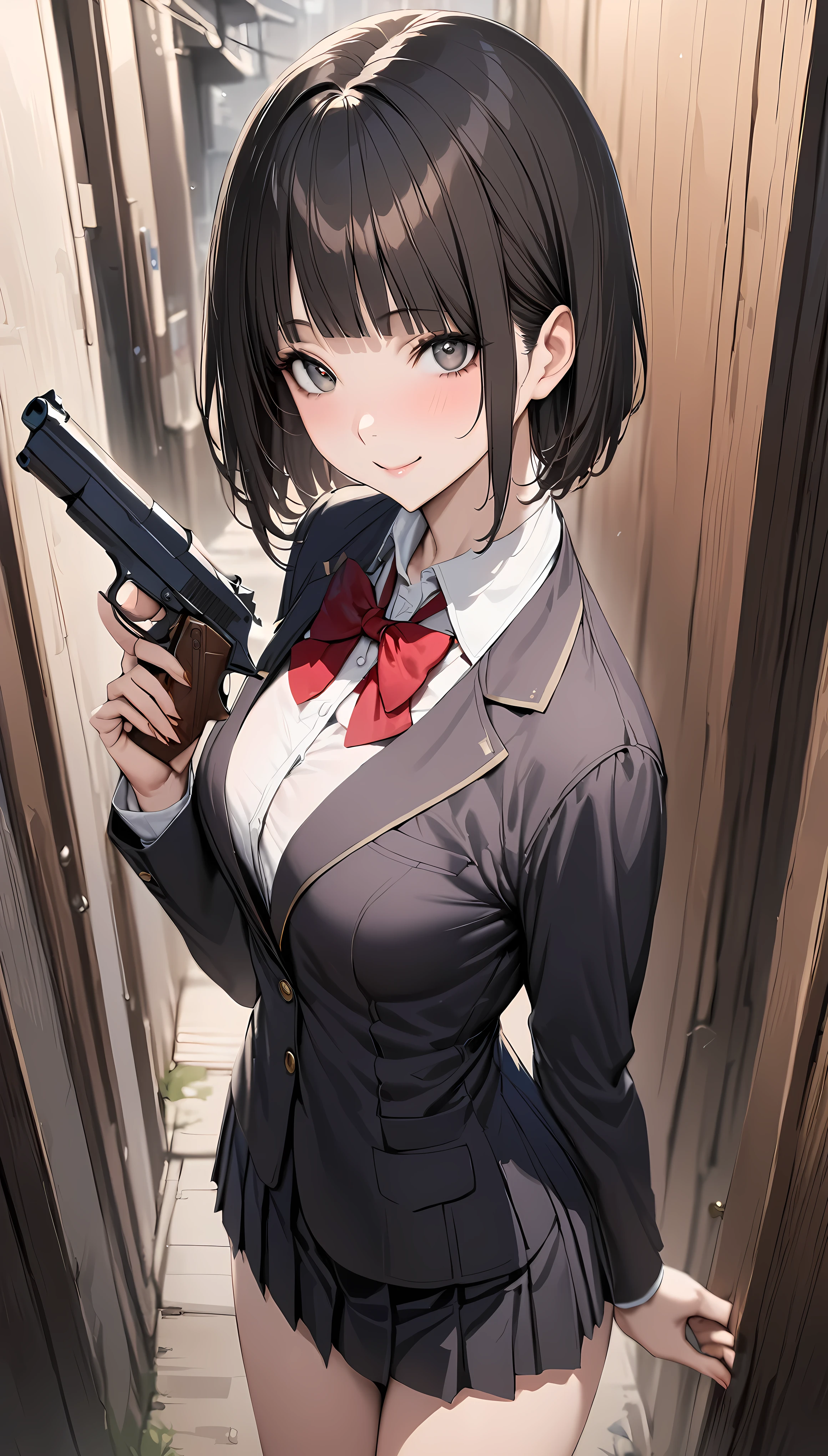 ((masterpiece,Best Quality:1.3,best quality illustrations)),realistic,cowboy shot,portrait,1 woman,(young adult),(short bob cut hair),black hair,very small head, bangs,gray eyes,(gorgeous big eyes),smile,very long body,medium breasts,(School uniform、Black blazer,red bow, pleated black skirt), collared white shirt,slender body,toned body,gleaming skin,(Have one pistol,A detailed depiction of a handgun),standing,Dark back alley、Shinjuku、