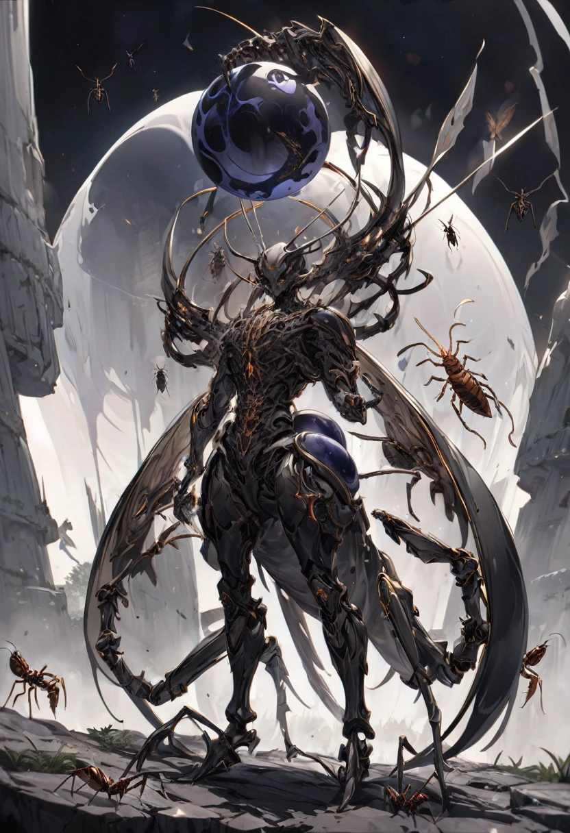 being with a gray humanoid body with only one eye, carrying a staff with a dark blue sphere, tall, thin, black eyes, legs similar to a cockroach with a scorpion, seven-point marks on the body, its body has an exoskeleton like that of insects, evil and black aura, 8k high definition and high definition details