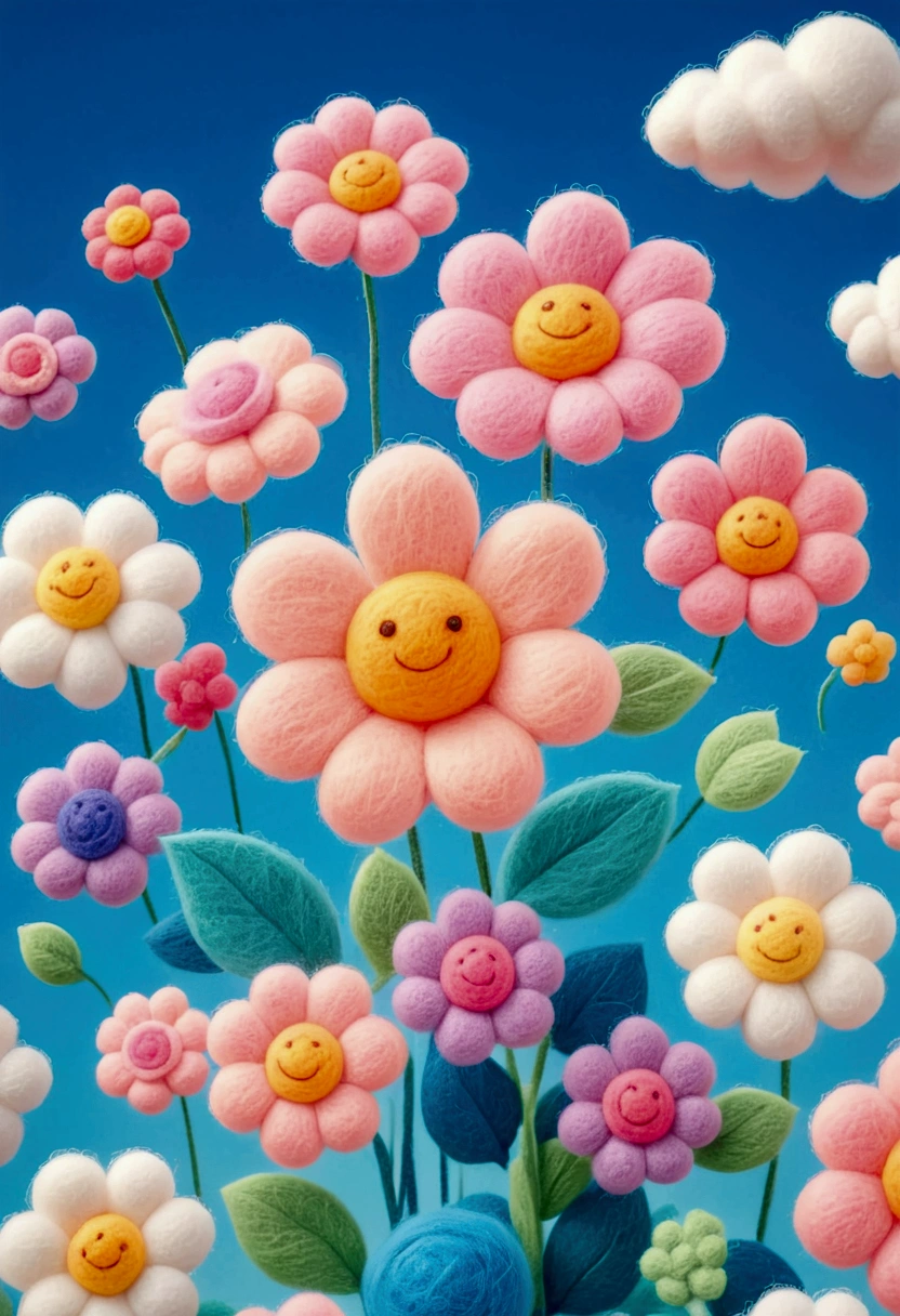 Colorful wool flower, cute, fluffy, dreamy style. 3D,C4D,oc rendering, mixer style, soft light