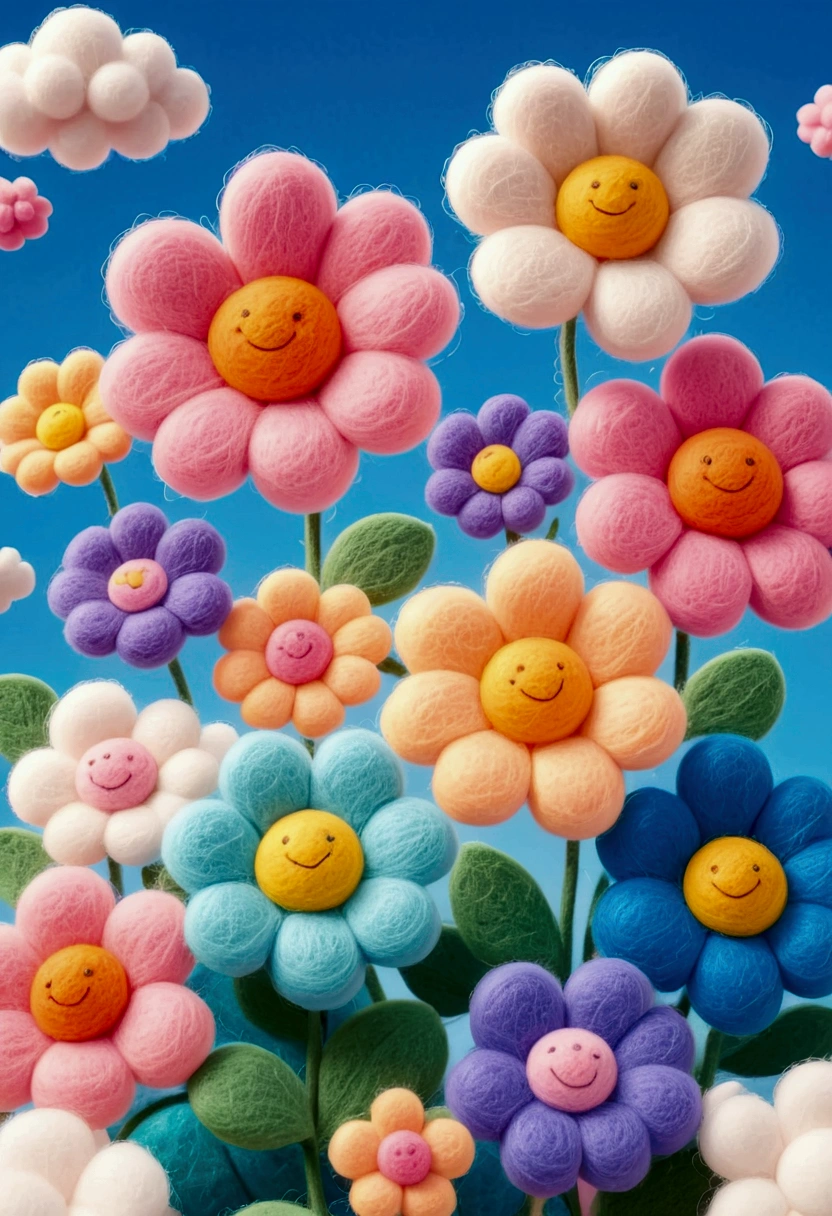 Colorful wool flower, cute, fluffy, dreamy style. 3D,C4D,oc rendering, mixer style, soft light