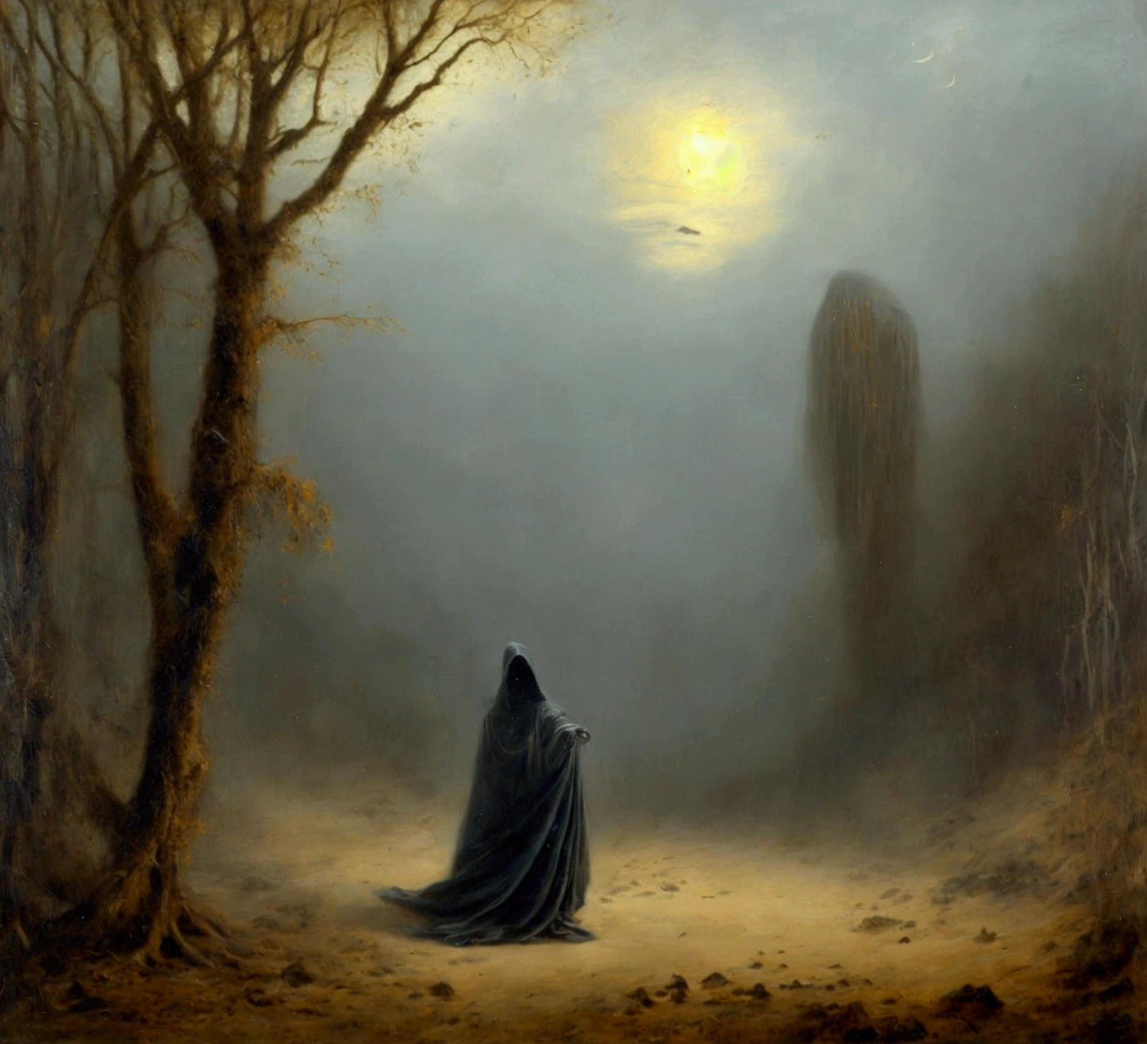 "A realistic painting. From a close position in the field, just before dawn, you observe a meadow full of corpses and debris, with some bonfires lit and smoky in the distance. A few meters from you, floats a mysterious and horrifying humanoid figure covered in a black cloak without a hood. The figure has a bald and wrinkled head, floating just 30 cm above the ground, in a horizontal position, moving gently as if it were sliding on the air, smelling everything in its path. The atmosphere is dark and terrifying. , illuminated only by the fires and the faint light of dawn. Everything is painted with soft shadows and opaque tones in pastel technique, with a clean and polished finish."