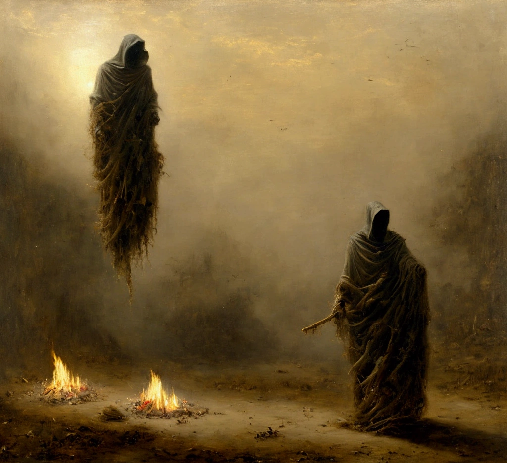 "A realistic painting. From a close position in the field, just before dawn, you observe a meadow full of corpses and debris, with some bonfires lit and smoky in the distance. A few meters from you, floats a mysterious and horrifying humanoid figure covered in a black cloak without a hood. The figure has a bald and wrinkled head, floating just 30 cm above the ground, in a horizontal position, moving gently as if it were sliding on the air, smelling everything in its path. The atmosphere is dark and terrifying. , illuminated only by the fires and the faint light of dawn. Everything is painted with soft shadows and opaque tones in pastel technique, with a clean and polished finish."