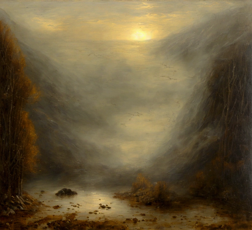 "A realistic painting. From a close position in the field, just before dawn, you observe a meadow full of corpses and debris, with some bonfires lit and smoky in the distance. A few meters from you, floats a mysterious and horrifying humanoid figure covered in a black cloak without a hood. The figure has a bald and wrinkled head, floating just 30 cm above the ground, in a horizontal position, moving gently as if it were sliding on the air, smelling everything in its path. The atmosphere is dark and terrifying. , illuminated only by the fires and the faint light of dawn. Everything is painted with soft shadows and opaque tones in pastel technique, with a clean and polished finish."