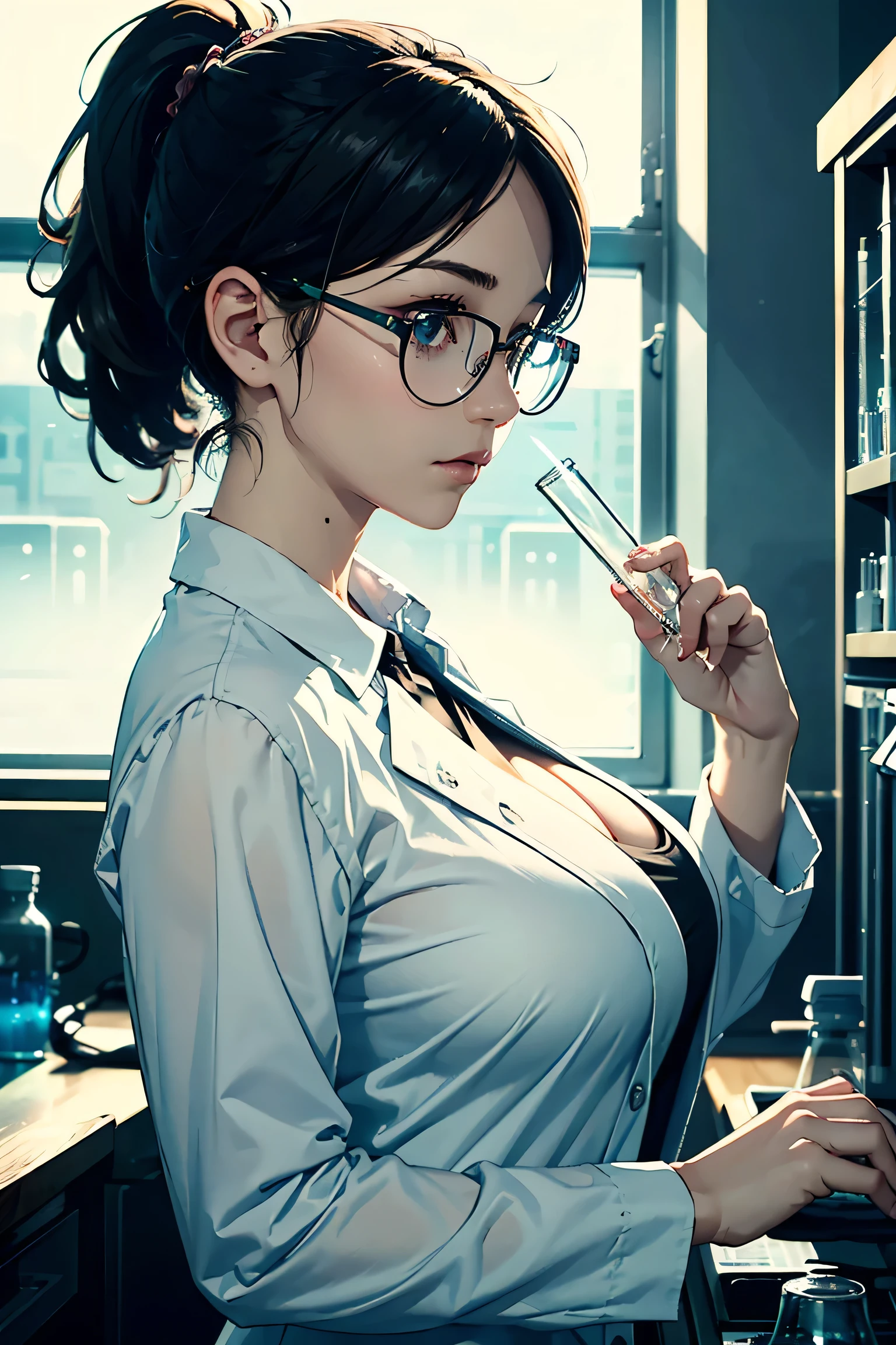 Arafed woman in white lab coat looking through microscope, scientist, wearing lab coat and glasses, retrato de uma patologista, scientific research, Microscopia, in a lab, vestindo jaleco e blusa, in lab, usando jaleco, working in her science lab, medical lab, scientific, scientific study, in lab, Cientistas, The camera is filming the doctor on one side, (topless:1.4), (unbuttoned:1.3), sexy, (small breasts:1.3)