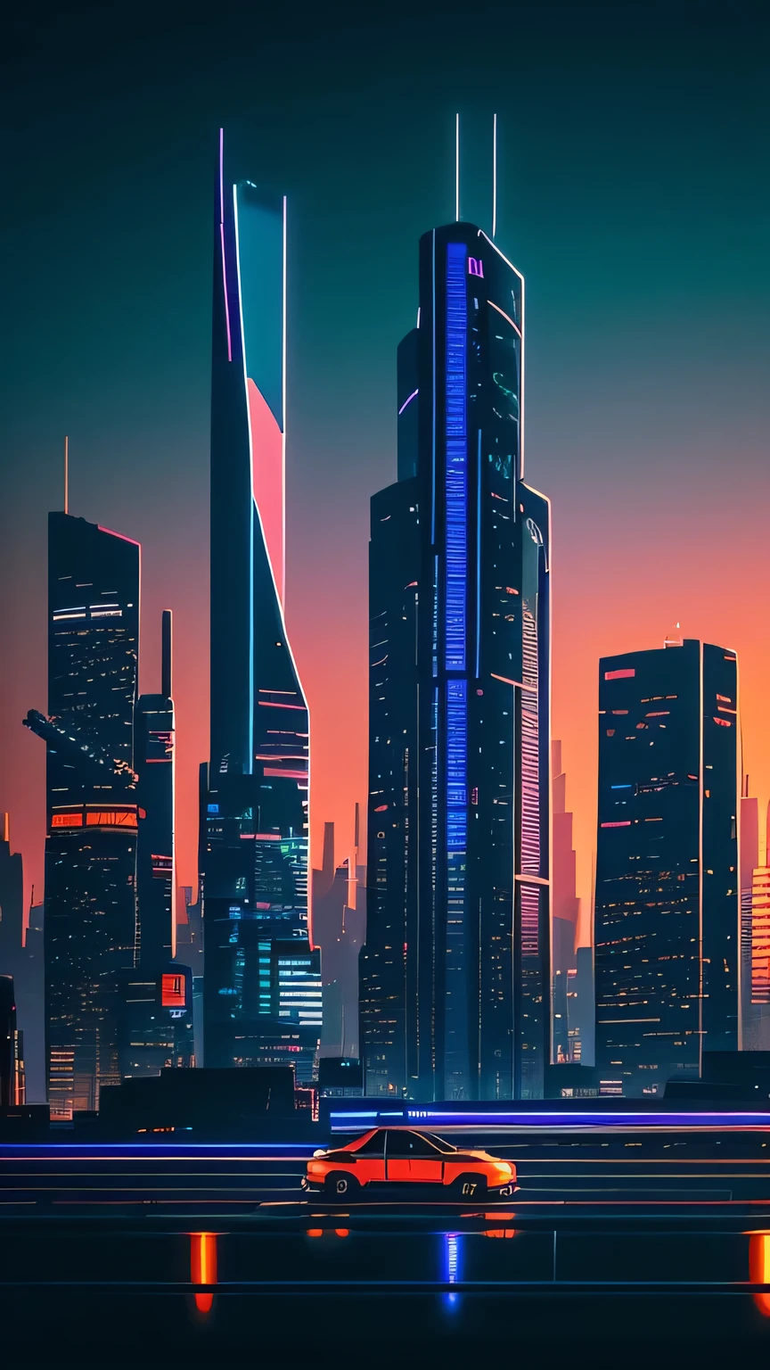 A cyberpunk cityscape at dusk, tall futuristic skyscrapers with neon lights, dark atmospheric lighting, detailed shadows and glowing windows, retro 80s aesthetics, the car is driving, digital glitch effects, highly detailed skyline, warm and cool color contrast of orange and blue,