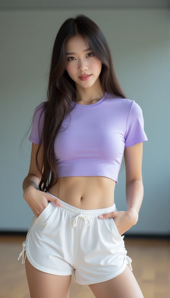 beautiful, 18 year old girl, slim body, (black hair [purple highlights]), blue eyes, pink lipstick, mascara, blush, beautiful eyebrows, white crop top hoodie, soft skin, gold necklace, ponytail, short shorts, smirk
