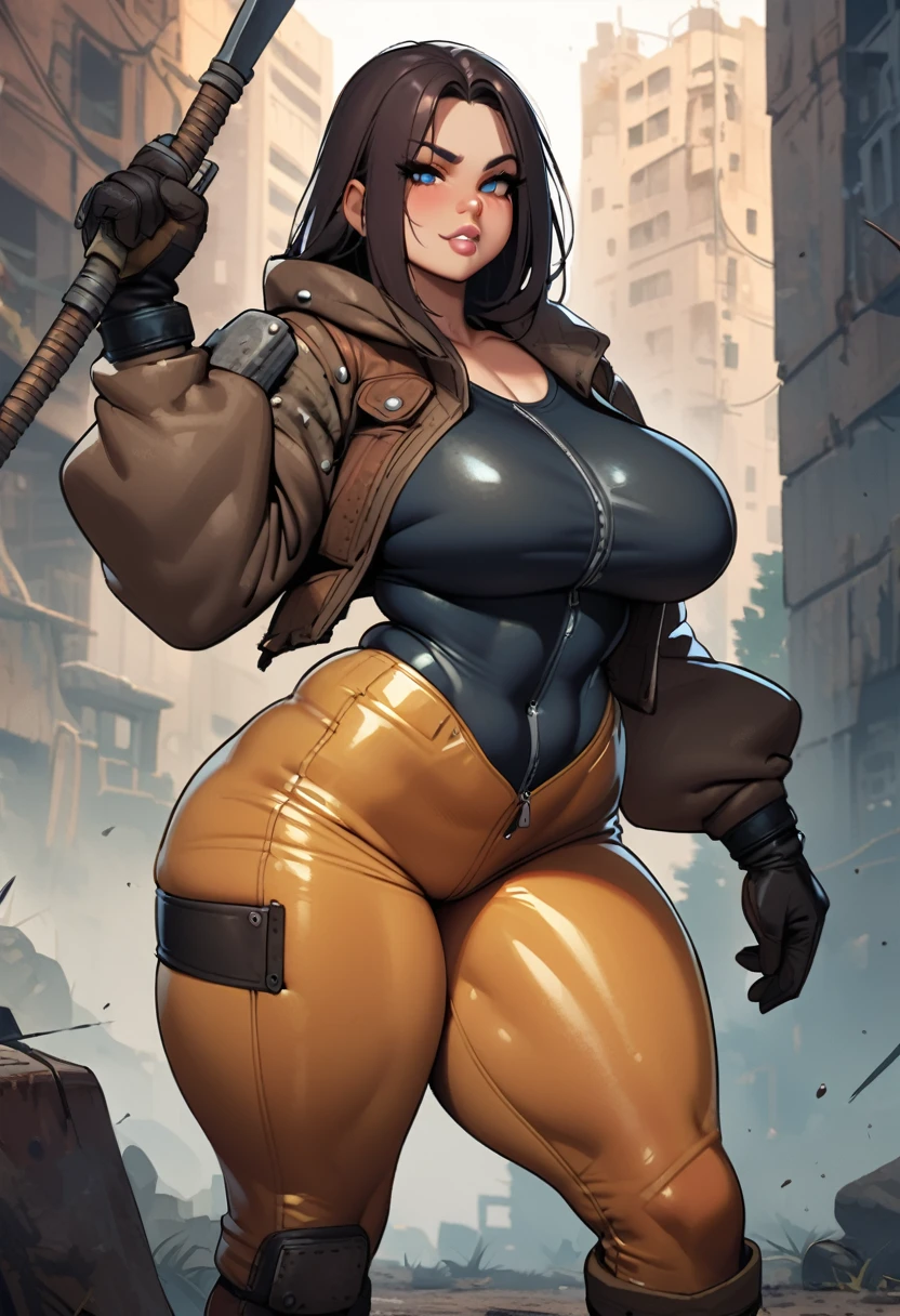 um close up de uma mulher com uma arma e uma arma, inspirado em Masamune Shirow, fofosexyrobutts, Estilo de Masamune Shirow, thicc, Directed by: Masamune Shirow, oppai cyberpunk, badass anime 8 k, Arte em quadrinhos 8k, Anya, Spy X Family, uma policial negra dieselpunk, seios grandes!