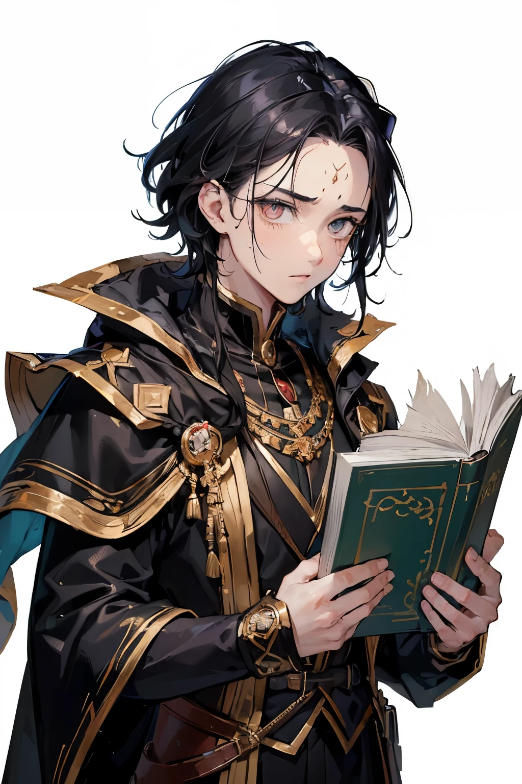 ((Highest quality)), ((masterpiece)), (detailed), ((scared)),((eyes widen)),(()),(()There is a scar on the forehead),young boy,(black hair),(gold eye),((fantasy)),(Human),((upper body shot)),(アニメ),with a big magic book,medium hair,((noble)),cold sweat,((white background)),