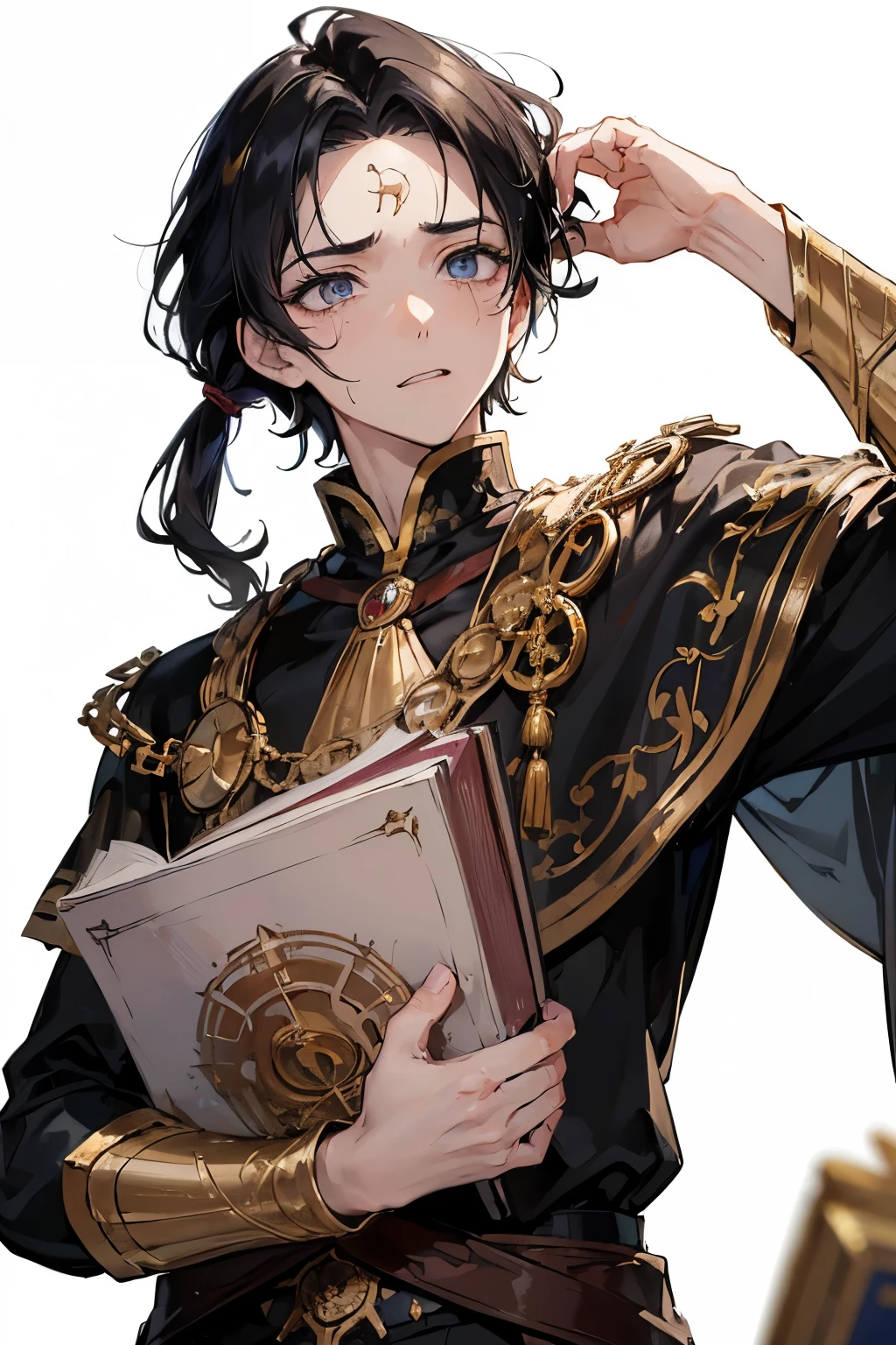 ((Highest quality)), ((masterpiece)), (detailed), ((scared)),((eyes widen)),(()),(()There is a scar on the forehead),young boy,(black hair),(gold eye),((fantasy)),(Human),((upper body shot)),(アニメ),with a big magic book,medium hair,((noble)),cold sweat,((white background)),