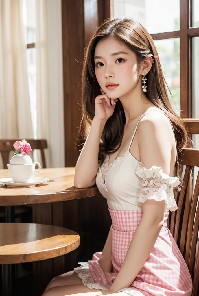 masterpiece, Highest quality:1.1), (8K, RAW Photos, Photo Real:1.2, f22), (Shiny skin), Detailed skin,Long Hair,Detailed face, Fine grain, smilee,break, Real World, Intricate details, smile, break, One girl, (,Short sleeve dress), whole body,break, (Cafe:1.4), break