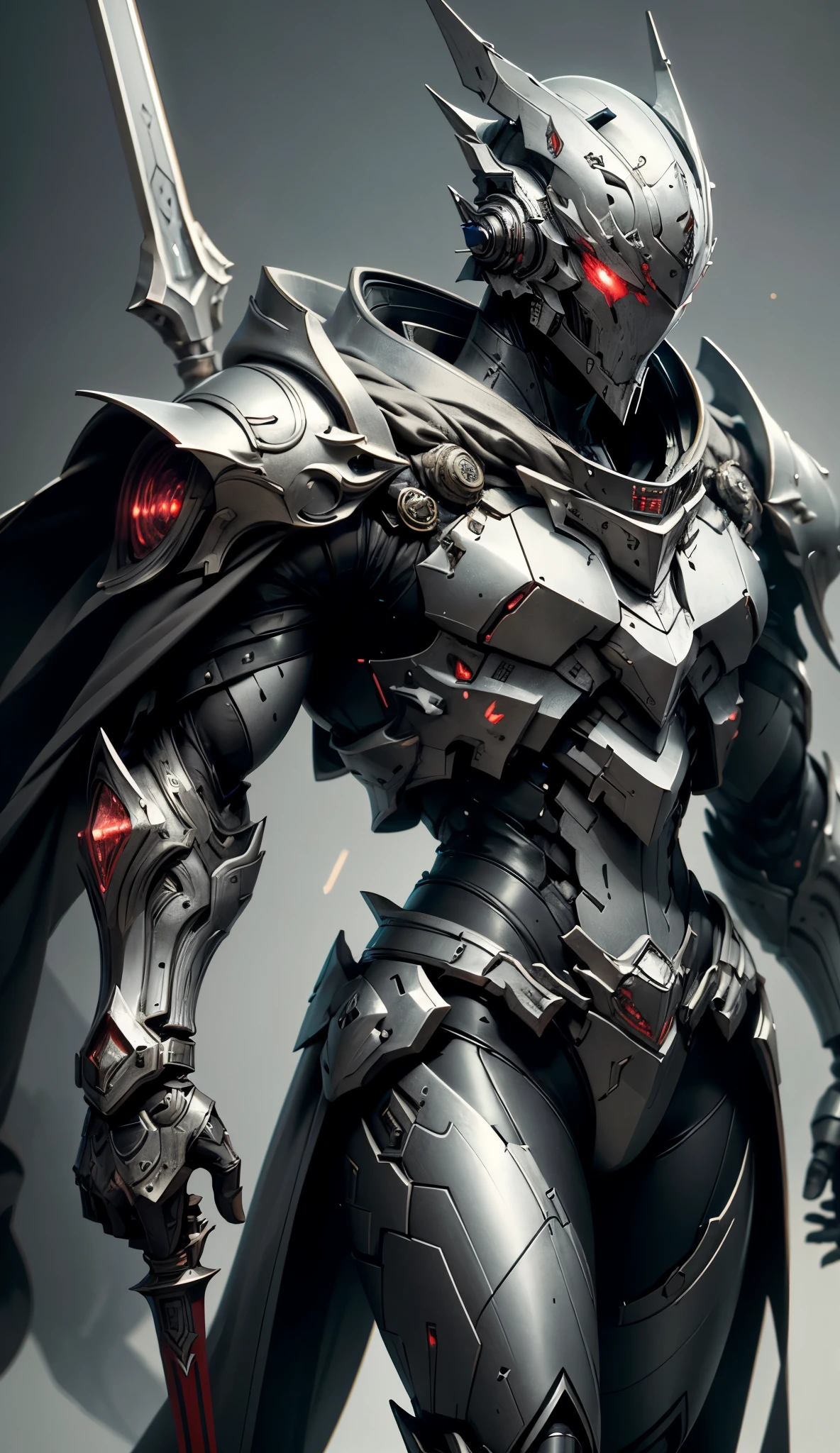 
The image depicts a towering, armored figure standing against a neutral gray background. The character appears to be a futuristic knight or mech pilot, clad in a white, intricately detailed suit of armor. The armor is adorned with red accents, particularly around the joints and as a flowing cape-like element.
A large, broadsword is held at the figure's side, its hilt adorned with intricate designs. The character's helmet has a visor that obscures their face, suggesting a sense of mystery or anonymity. The overall impression is one of power, strength, and a futuristic, medieval aesthetic.
, Masterpiece, Accurate, High Resolution, Detail, High Details, High Quality, Eye Reflection, Glowing Eyes, 3D model, 3D model,