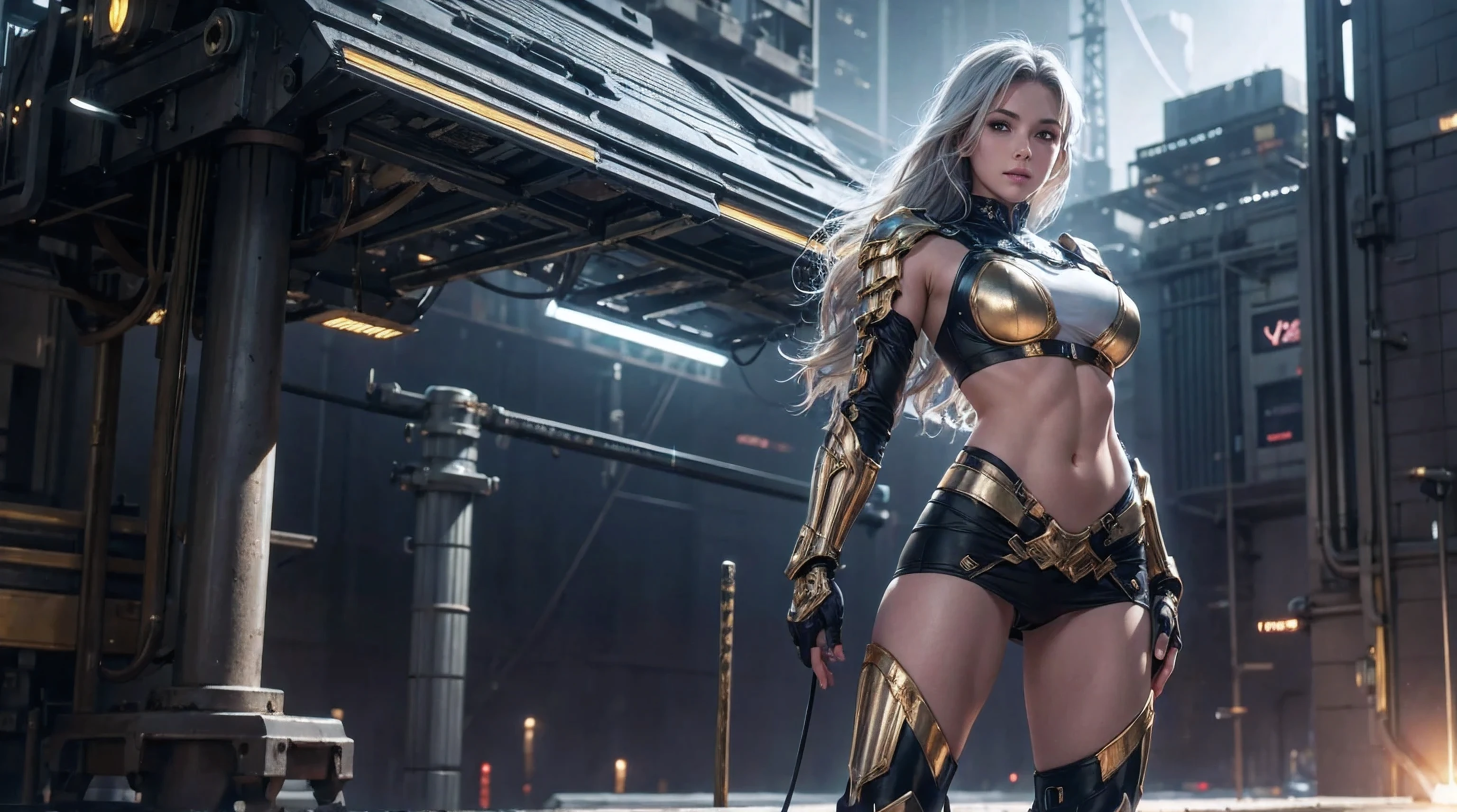 1women,  solo,  8K high Resolution,  Masterpiece,  Best Quality,  hyper-realistic,  cinematic Light,   hips up,  Abs,  Perfect Figure,  Ultra Fine Face,  Delicate Lips,  Beautiful,  dewy skin,  Wavy silver hair,  super fine hand,  fine finger,  Cyber punk Armor Bra Top with intricate gold accents,  micro mini skirt,  Knee-high Warrior Boots,  detailed,  mild smile,  Slim thighs,  Night,  Ruined Rooftop,  cinematic pose,  standing,  in front of a Space Ship