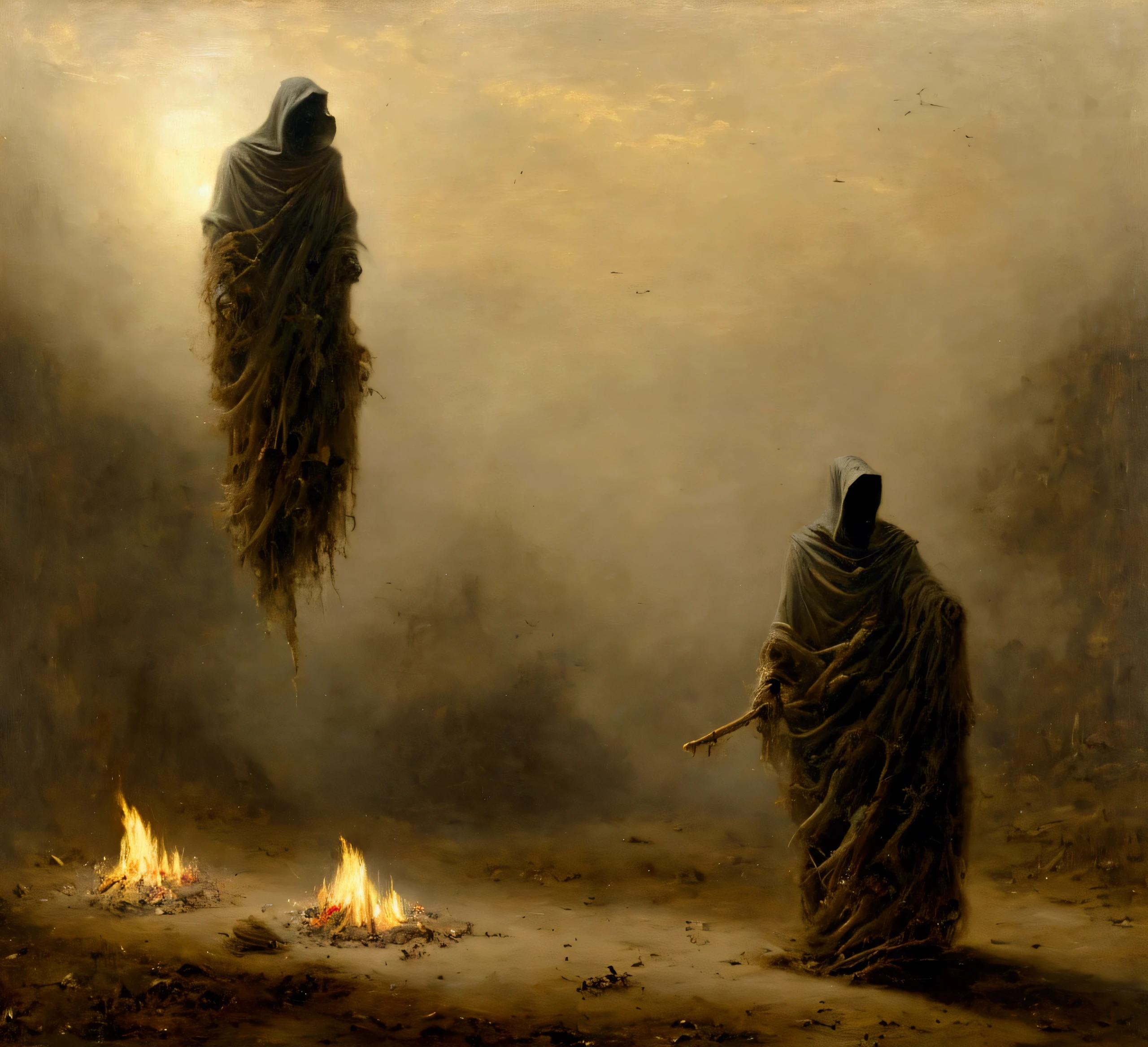 "A realistic painting. From a close position in the field, just before dawn, you observe a meadow full of corpses and debris, with some bonfires lit and smoky in the distance. A few meters from you, floats a mysterious and horrifying humanoid figure covered in a black cloak without a hood. The figure has a bald and wrinkled head, floating just 30 cm above the ground, in a horizontal position, moving gently as if it were sliding on the air, smelling everything in its path. The atmosphere is dark and terrifying. , illuminated only by the fires and the faint light of dawn. Everything is painted with soft shadows and opaque tones in pastel technique, with a clean and polished finish."