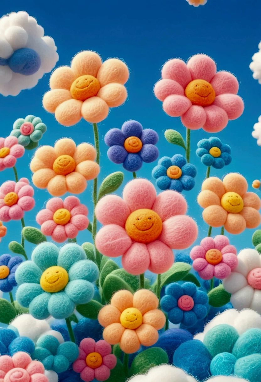 Colorful wool flower, cute, fluffy, dreamy style. 3D,C4D,oc rendering, mixer style, soft light