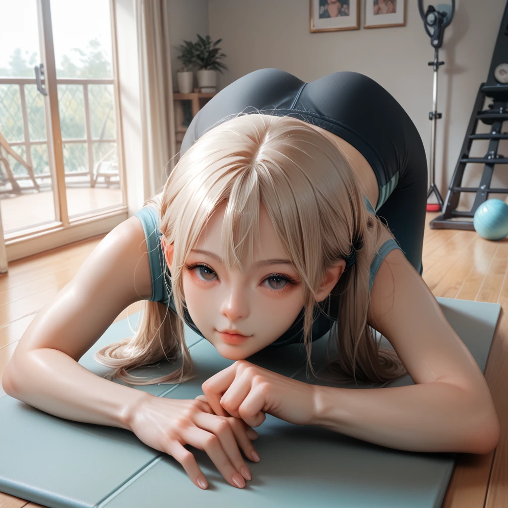 Wide shot, 150cm cute girl,(anatomically correct, full body, close eyes),yoga wear, on all fours,
butt in the front,
head in the back,
from behind, cat pose,yoga studio,mirror,looking at viewer