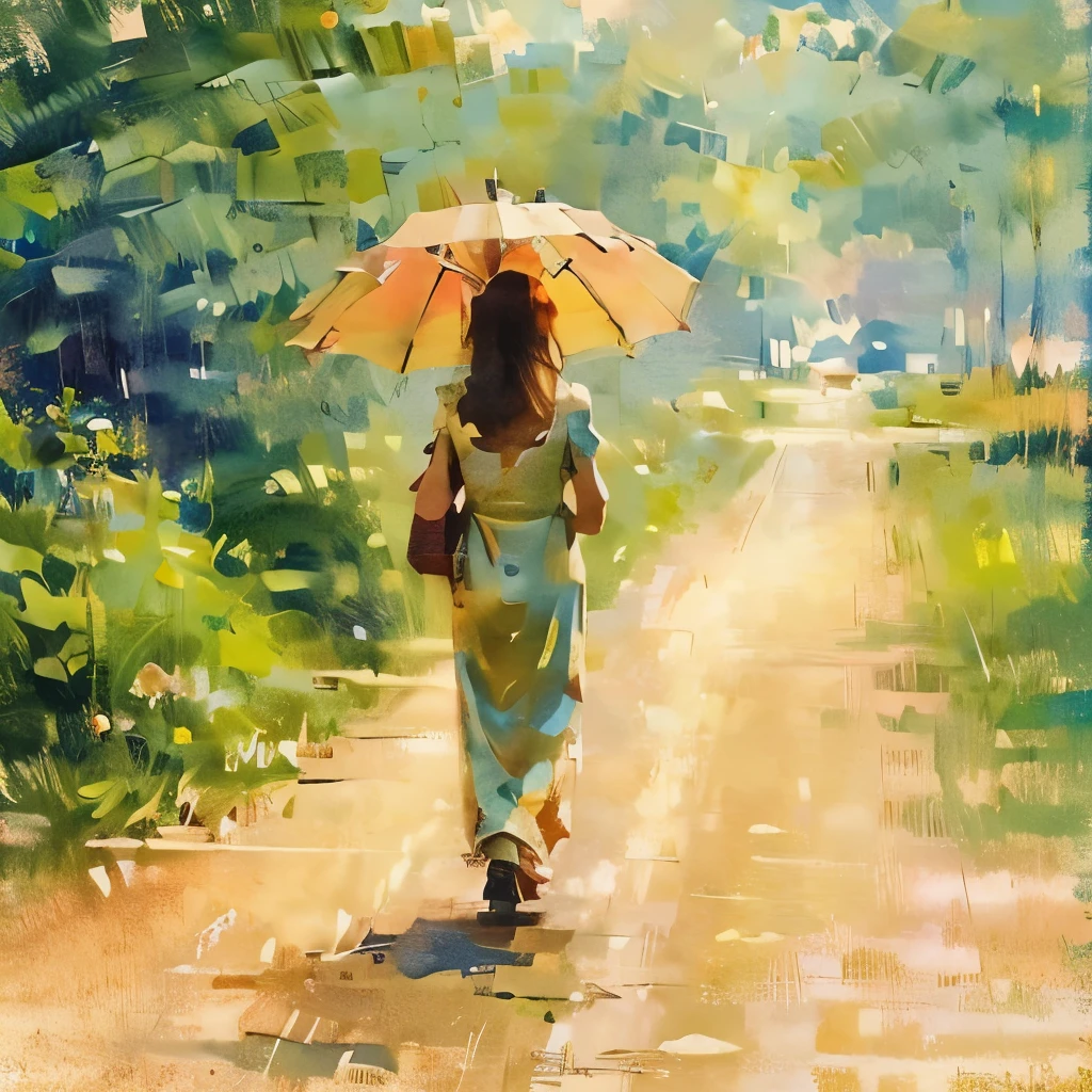 Realistic landscape、A very sunny, dazzling afternoon、A straight road、(((Roads shaking with heat haze)))、(((A woman holding a parasol appears small in the distance)))、((A small woman&#39;s figure swaying in the heat haze))、halation、(((heat haze)))