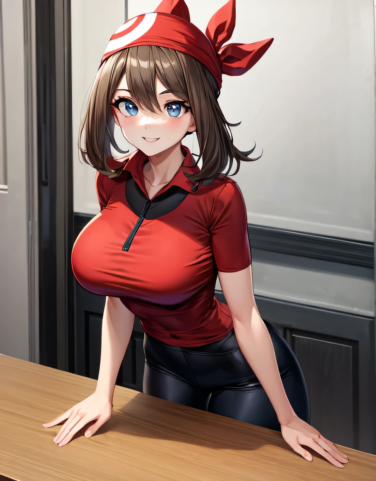 smile,may pokemon,brown hair,medium hair,blue eyes,smiling,red bandana,red shirt,collared shirt,short sleeves,bike shorts,bodysuit, chunky sneakers,(large breasts:1.55),(shiny hair),((solo)),((masterpiece)),((best quality)),perfect anatomy,slim waist,perfect image,8k UHD,(beautiful detailed eyes:1.5),extremely detailed face,standing,(upper body:1.2),(look at the front:1.5),ultra-detailed,absurdres,ultra-highres,arms behind back,indoor room,