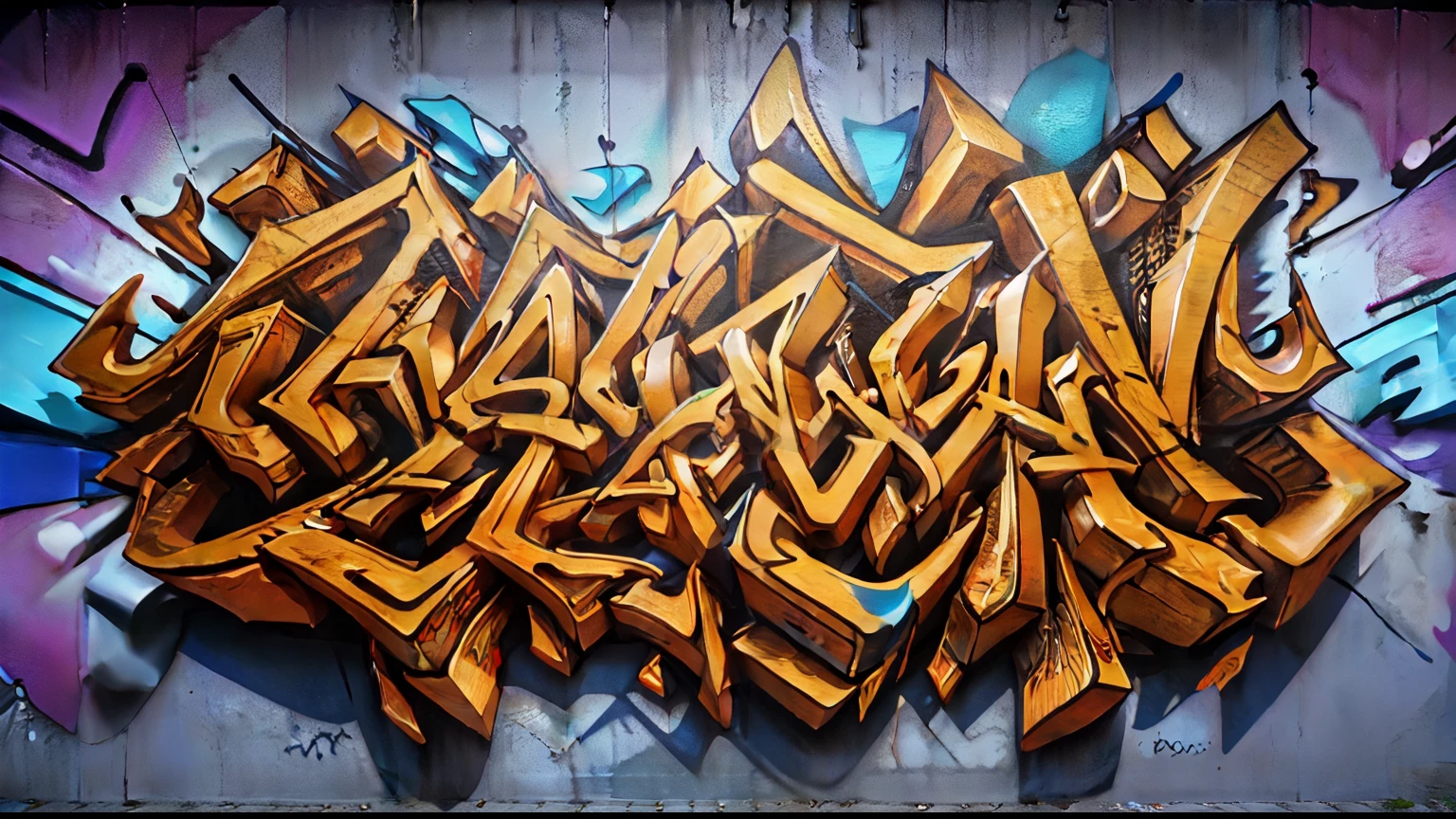 Generate a photorealistic image of a front view wall with graffiti saying ("TELL")), with a 3D design in the style of "Mirko Reisser (DAIM)", (using 3D style vise-type gothic letters as a base), combined with "Calligraphy tourism by Pokras Lampas", with a tattoo or thug type lettering aesthetic. The design should be bold, vibrant and energetic, with intricate details and textures. real airbrush texture, "3D design should be a fusion of elements that fluidly blend street art and contemporary aesthetics, with unique typographic and calligraphic forms. Gothic style 3D letters should be the focal point of the design, with bold strokes, stylized, ornamental, Elegant, hand drawn con líneas de doble línea alrededor de las letras, very thick, hand drawn, with spray paint. Add shadows, Lights, Transparencies and glazes to give depth and texture, with loose and expressive lines. The overall style of the design should be energetic and vibrant., with a sense of movement and dynamism. Colors should be bright and eye-catching., focusing on the tones. The design should be eye-catching and striking, with a sense of depth and dimensionality that draws the viewer in. Generate a high resolution image, High quality, visually impactful, with a resolution of at least 1024x1024 pixels. I would like to see a variety of different angles and perspectives, as well as different colors and compositions. Graffiti should say "TELL"
