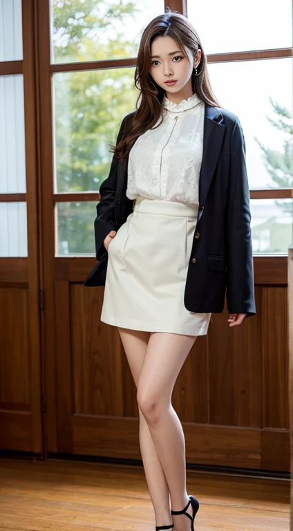 a 19 year old girl, she is the most beautiful actress in the world, the perfect body proportions of this girl, the blazer is appropriately buttoned up on the formal shirt that she wears above the short skirt, indirect bulge of her clothed large breasts, exposed genitalia of her lower body, exposed vagina inside the labia above the anus of this girl who is sitting on the bench of the city with her legs open, her crotch between her opened legs is naked and exposed, it's just the front of her body, it's just one description, the feet of her opened legs are both apart, nsfw, best quality, highly detailed, masterpiece, ultra high res, photo realistic, 8k, RAW photo