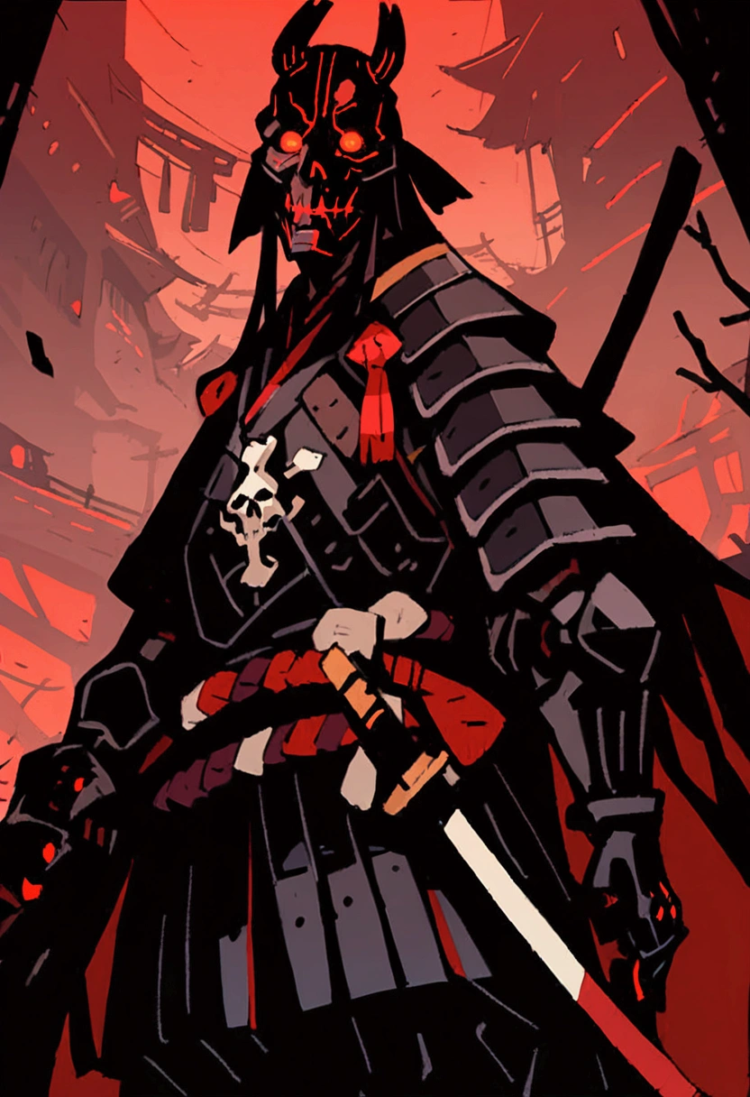 超detailed、Best Quality、masterpiece、Cartoon Style、detailed、Best Quality、masterpiece、Blood、Black Armor、samurai、pocket、bone、Skull Mask、Full Face、Red glowing eyes、Black Cape、Japanese sword