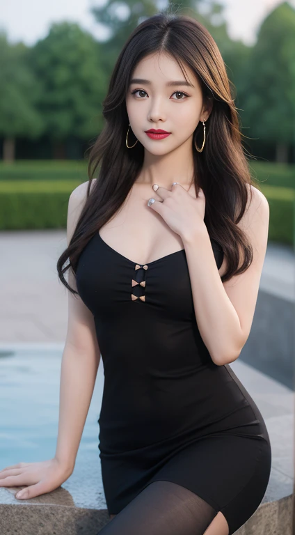 ((midnight, Need, 8k, Prototype:1.3)), , Long legs, Focalor:1.2, Obese body，Perfect figure, beautiful woman:1.4,((Dark brown hair, Very big breasts:1.2 )), (chest, Just right，คอวี chestใหญ่，Black tights，Cliffwave，Dress，Dressลายสก็อต), ((Shrub garden，Suanluang，fountain)), Detailed facial and skin details, Fine eyes, Double eyelids，Daisy，Wear glasses，chestกรอบ，Smile with me，chestใหญ่ขึ้น, Wavy hair，chestกรอบ，wet，Sweating a lot，Wear a collar，Wear earrings，Wear a watch，Red lipstick