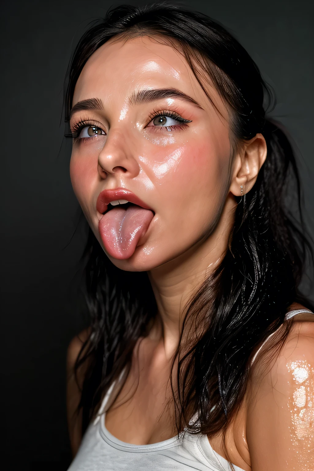 Miranda Kerr、High resolution and realistic photos,8k,Realistic skin texture,1 girl,Tabletop,Award-winning photography, Very detailed, Close your eyes, Nose and mouth,Face Focus, Face close-up、Woman with open mouth and close your eyes, Black camisole、20 years old,Black-haired、Symmetrical face,Realistic nostrils、Angle from below((Gray background))、Sweaty skin、Lighting that emphasizes glowing skin caused by sweat、((Large and very detailed nose))Sweaty, Shiny skin、Glowing Skin、Sweaty hair、sunlight、(Brow wrinkles)((Frowning))（cum on tongue)、Deep Kiss、((Thin eyebrows))((Oily skin、Glowing Skin))、double eyelid、Wet and shiny tongue、Hair tied up、updo、Please lift your head(((Long Tongue, Saliva traces)))((Super wet skin))(((The nasal septum appears wide[[profile,nasal septum,[[profile)))((Beautiful long eyelashes,Beautiful detailed eyes))