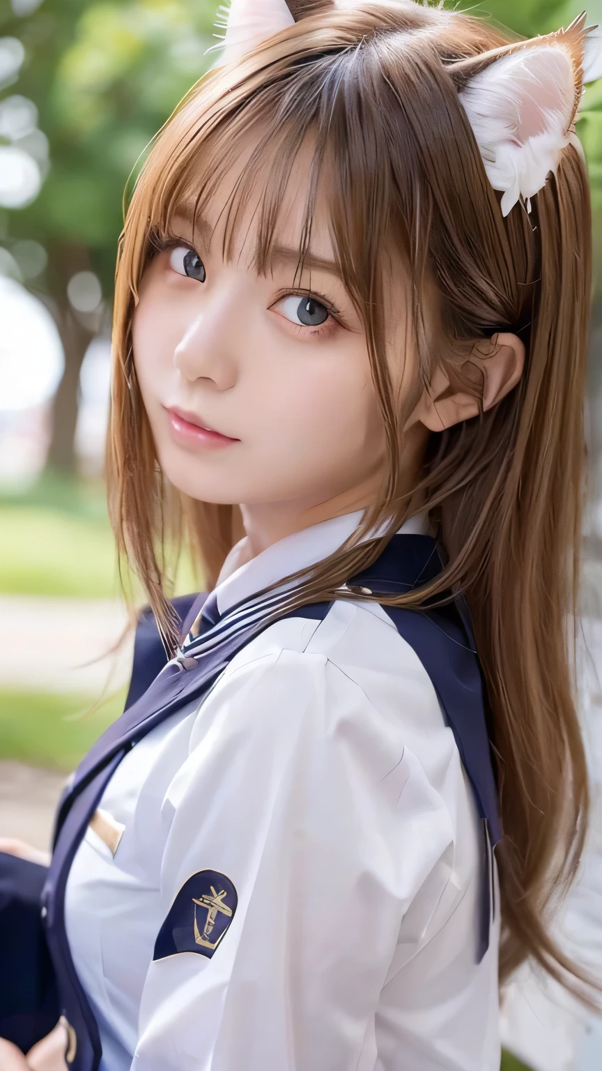 ( Masterpiece, highest quality), 98k, ((Perfect Anatomy:1.3)),Beautiful Japanese Women, Succubus,alone, 2, Small face,(Cute face:1.2), Small breasts、Larger breasts, ,Beautifully detailed round eyes, Evenly spaced eyes 1.2, Long platinum blonde hair,Random Hair, (Highly detailed face and skin texture), Beautiful face in golden proportions,White skin,(cat::1.2), (Student Uniform:1.5), Random sexy poses, The background is the underworld、(Close-up of face:1.2)、Cat ears、Off Chest