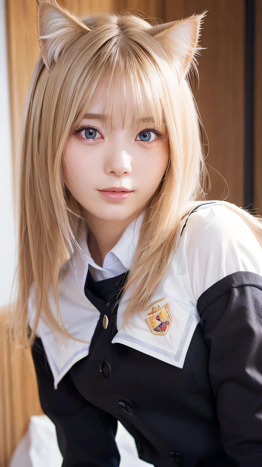 ( Masterpiece, highest quality), 98k, ((Perfect Anatomy:1.3)),Beautiful Japanese Women, Succubus,alone, 2, Small face,(Cute face:1.2), Small breasts、Larger breasts, ,Beautifully detailed round eyes, Evenly spaced eyes 1.2, Long platinum blonde hair,Random Hair, (Highly detailed face and skin texture), Beautiful face in golden proportions,White skin,(cat::1.2), (Student Uniform:1.5), Random sexy poses, The background is the underworld、(Close-up of face:1.2)、Cat ears、Off Chest