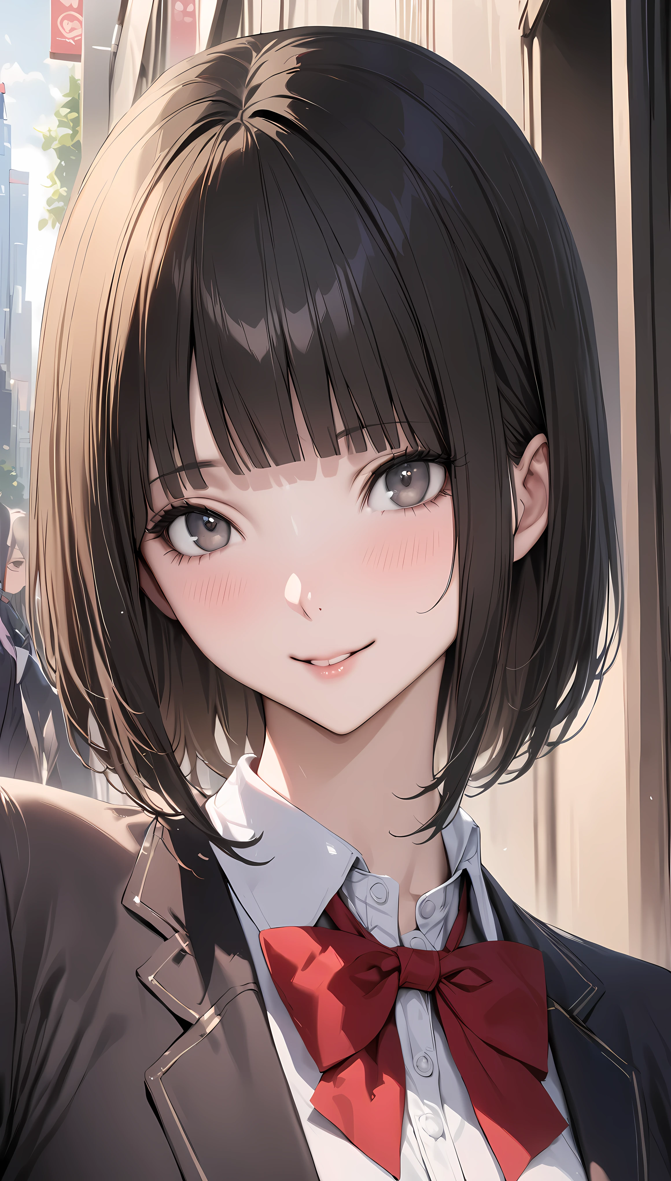 ((masterpiece,Best Quality:1.3,best quality illustrations)),realistic,close-up of face,portrait,1 woman,(young adult),(one curl short bob cut hair),black hair,very small head, bangs,gray eyes,(gorgeous eyes),smile,very long body,medium breasts,(School uniform、Black blazer,red bow), collared white shirt,slender body,toned body,gleaming skin,on street,Shinjuku、