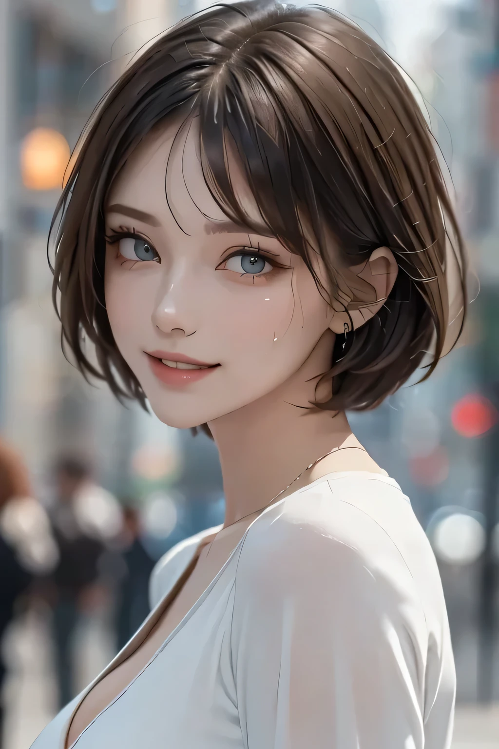 (8k Ultra HD、RAW photograph、Model photo shoot、masterpiece, Best Quality, photoGenuineistic, High resolution, photograph: 1.3), close, concentrate, Hot Models, 4 mature woman、short hair、Dark Brown Hair、Beautiful eye details、((Big Breasts)), Genuine Skin, (Perfect body), Sexy hot face, Erotic, Sexual perspective, Sweat top, Beautiful eye details、Glossy lips, Bright light、dynamic lighting、Genuine、Super Genuine、 Genuineism、Genuineistic details、Cool Beauty、Cool pose、The background is gray、Plain Gray Background
