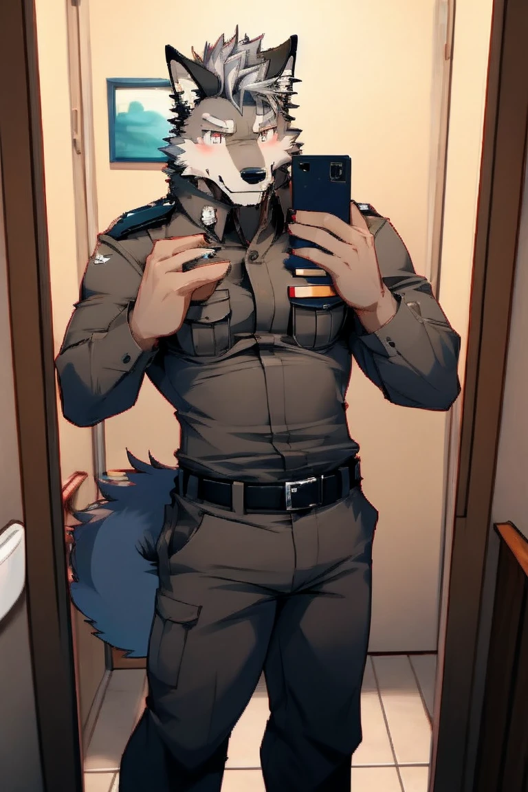 A Super Muscular Furry style Gray Wolf. he is wearing A Brown Police Outfit Uniform. he is standing in the background. blushes on his face, little spikey hair, little messy hair, gray hair, Ear Blush, Excited, Hands are in pocket, looking at the viewer, He have Long and fluff up tail. He have mostly gray furs, smiling, he have gray eyes, he is taking a selfie with A Phone in front of his mirror in his Very small bathroom that he can't even fit in the bathroom