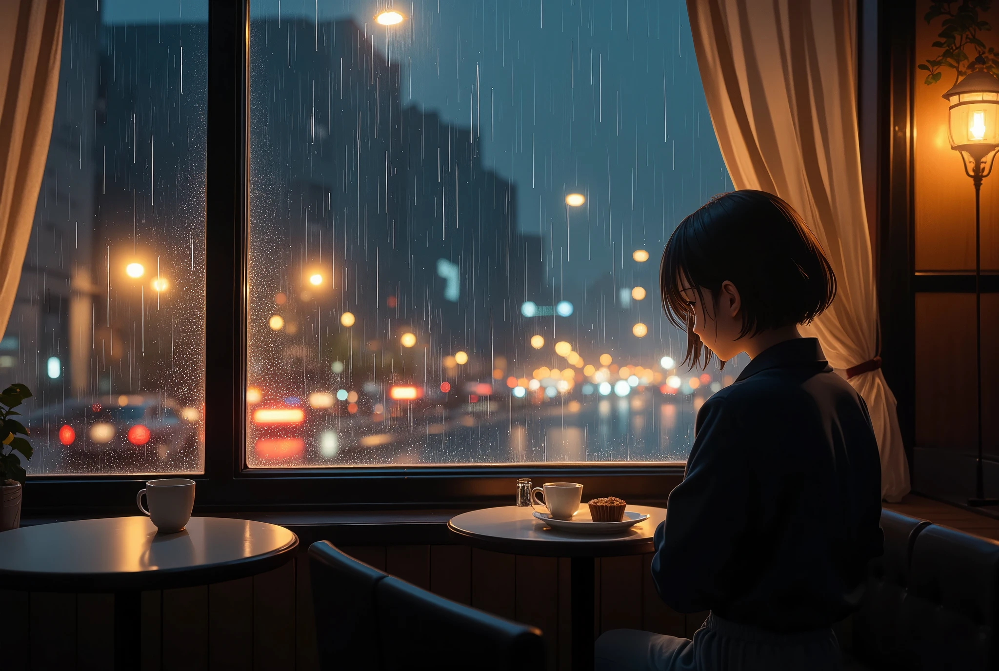 
chill, lo-fi, 1girl\(sitting,listlessly looking out window\) is in a cozy retro cafe, outside window is heavy rain and city lights visible but dark,window reflecting the girl's figure, coffee and muffin on table, warm lighting inside the cafe, transparent curtain, wide angle of view, landscape, pangrammatic view