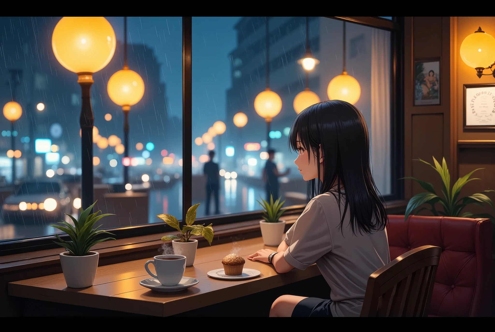 
chill, lo-fi, ((1girl\(sitting,listlessly looking out window\))) is in a cozy retro cafe, outside window is heavy rain and city lights visible but dark,window reflecting, coffee and muffin on table, clerks, warm lighting inside the cafe,transparent curtain,wide angle of view,landscape