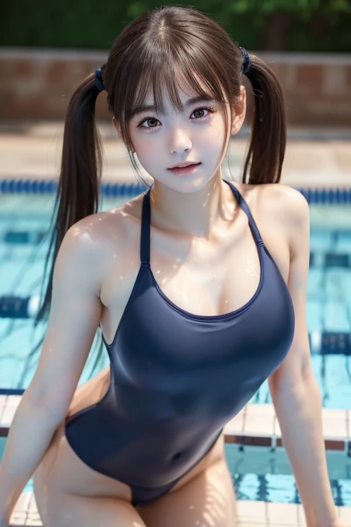 ((Upper body naked)）((Upper body naked)）One Girl, (a beauty girl, Delicate girl:1.3), (:1.3), break, (Navy School Swimsuit:1.3), break, Very detailedな明瞭さ, (Symmetrical eyes:1.3), break, (School swimming pool, Outdoor:1.3), break, Small breasts、 Brown eyes, Twin tails、 Brown Hair, , break, (Eye and facial details:1.0), break, (masterpiece, Best Quality, Very detailed, Detailed face, 8k)