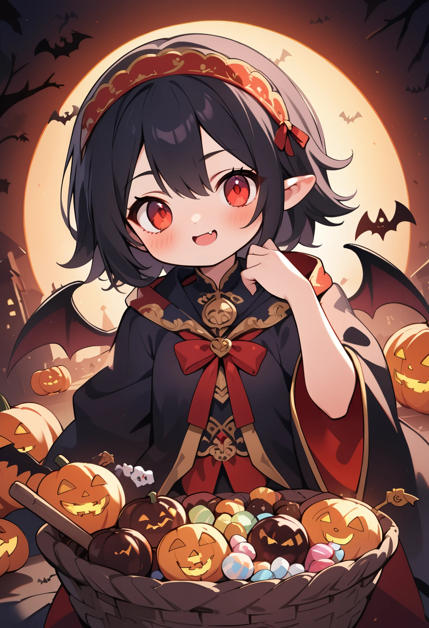 1girl\(vicomte,cute, vampire,vampire wings, red eyes,open mouth, sharp vampire fangs,black short hair, (long elven ears),red (ribbon:1.8) headband, big evil smile, big eyes,vampire robe with beautiful ((gold embroidery)), stiring viewer, cute basket with colorful candies and chocolates inside\),dark night, Halloween night,jack-o-lanterns, gothic mood,[nsfw:2.0], BREAK ,quality\(8k,wallpaper of extremely detailed CG unit, ​masterpiece,hight resolution,top-quality,top-quality real texture skin,hyper realisitic,increase the resolution,RAW photos,best qualtiy,highly detailed,the wallpaper,cinematic lighting,ray trace,golden ratio,\)