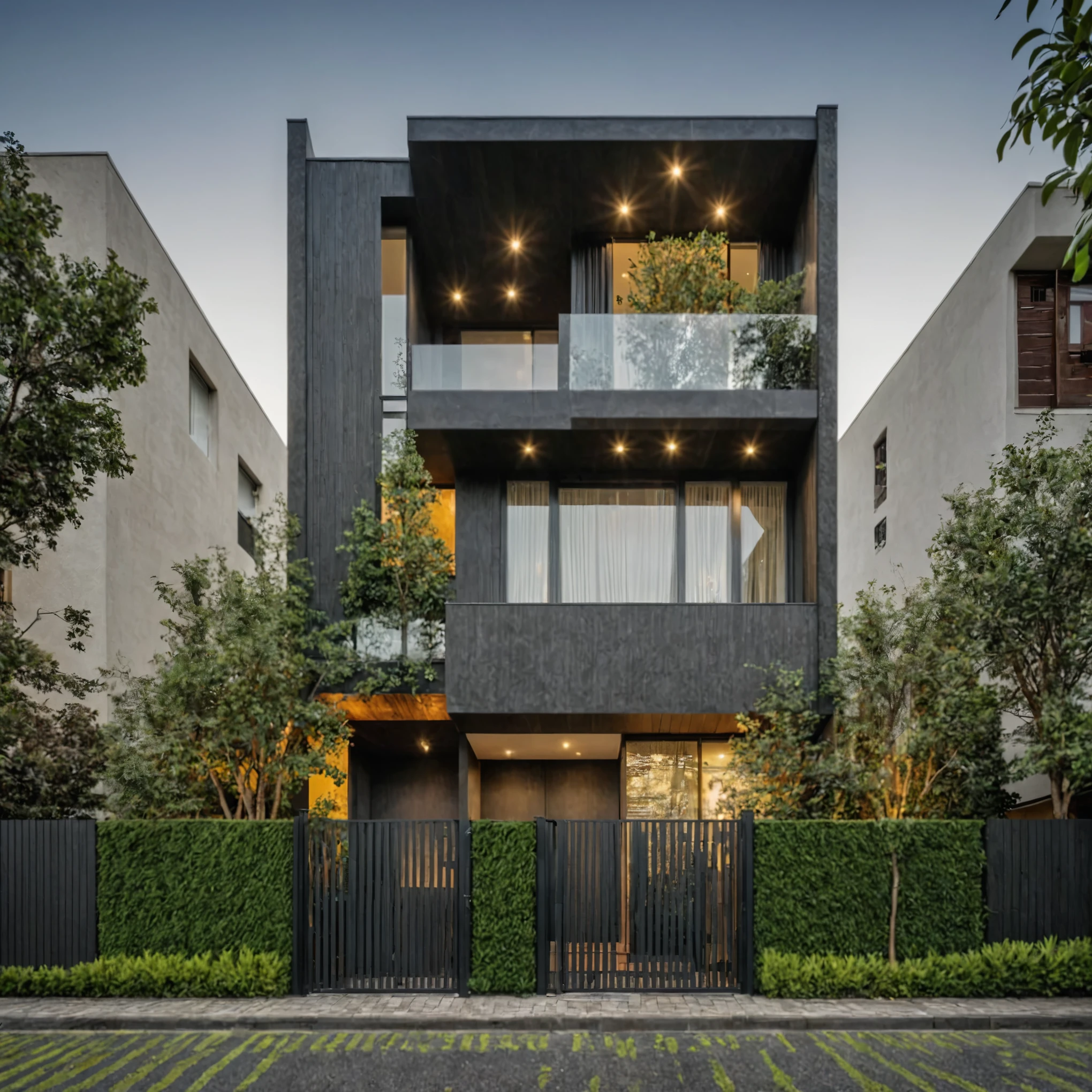 The house in the photo has a modern design with a vertical structure and uses dark materials.. The highlight is the green areas on the floors., create a feeling of closeness to nature. The gate and facade are both exquisitely designed., create harmony and elegance for the whole.